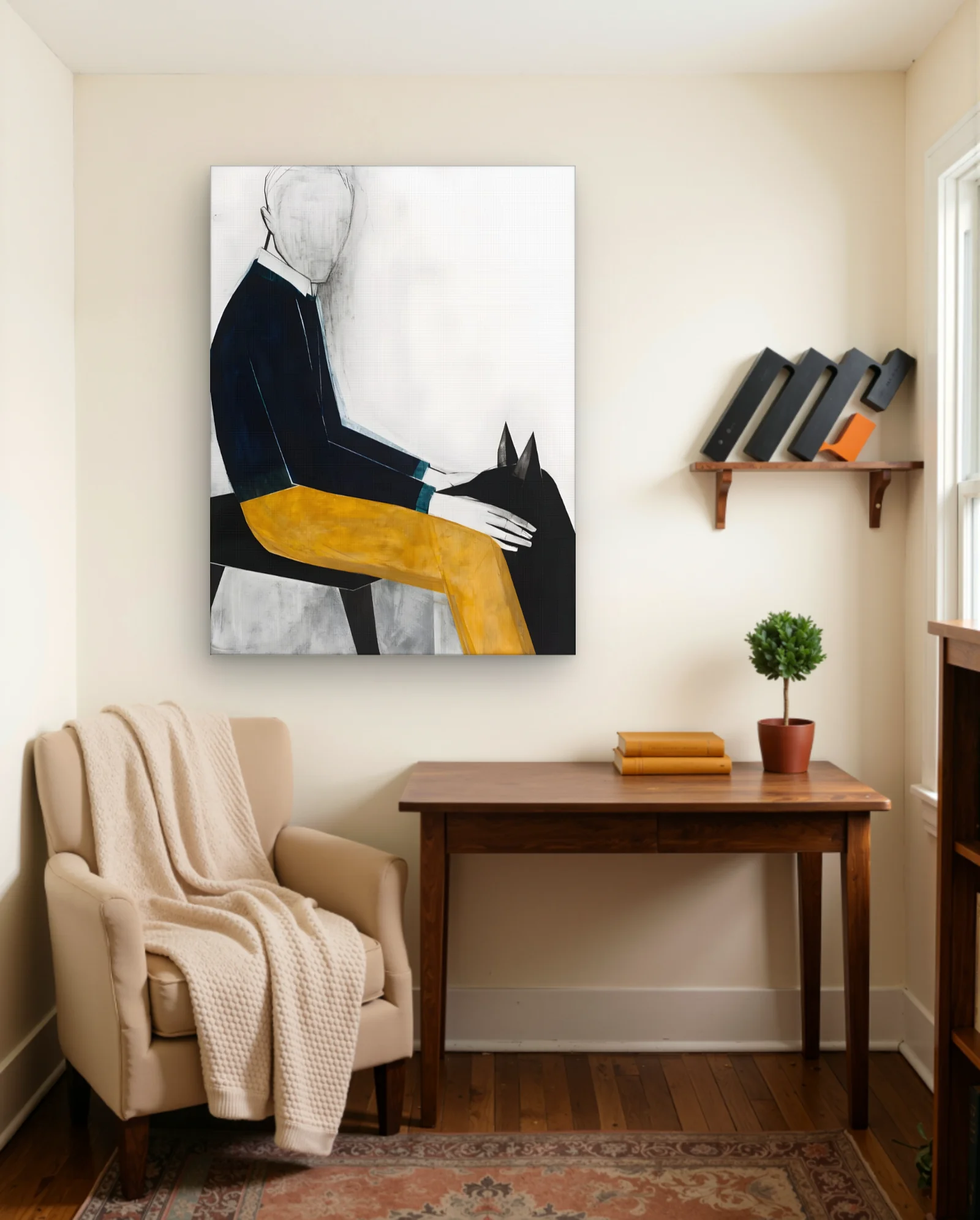 Faceless Figure Navy Jacket Yellow Pants Wall Art — framed wall art poster by Memocult