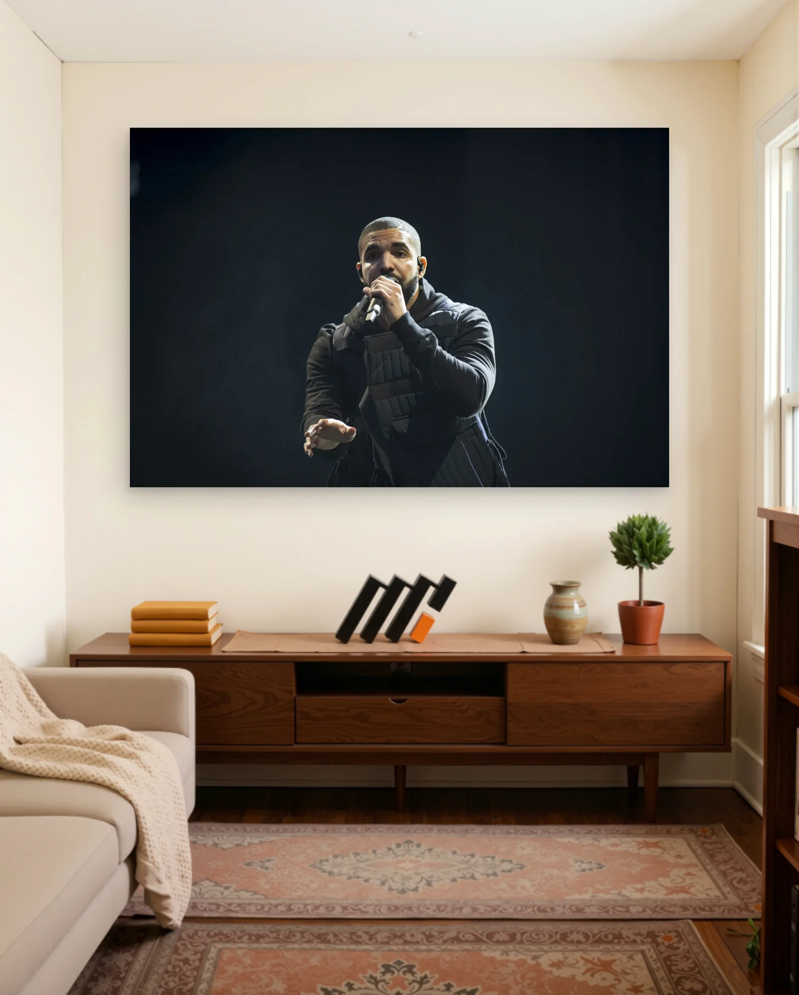 Drake Singing Into Microphone Poster — framed wall art poster by Memocult