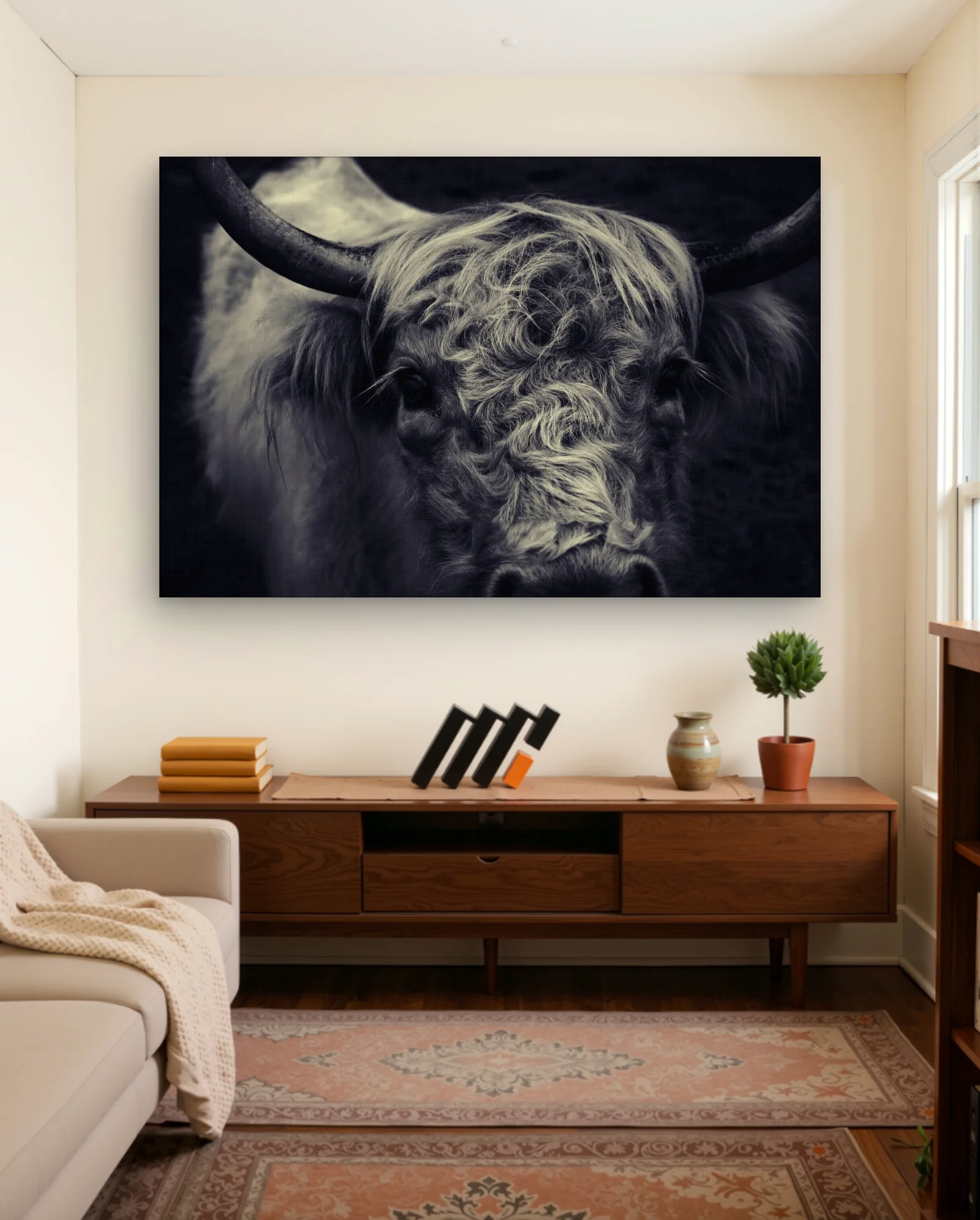 Highland Cow Curly Forelock Wall Art — framed wall art poster by Memocult