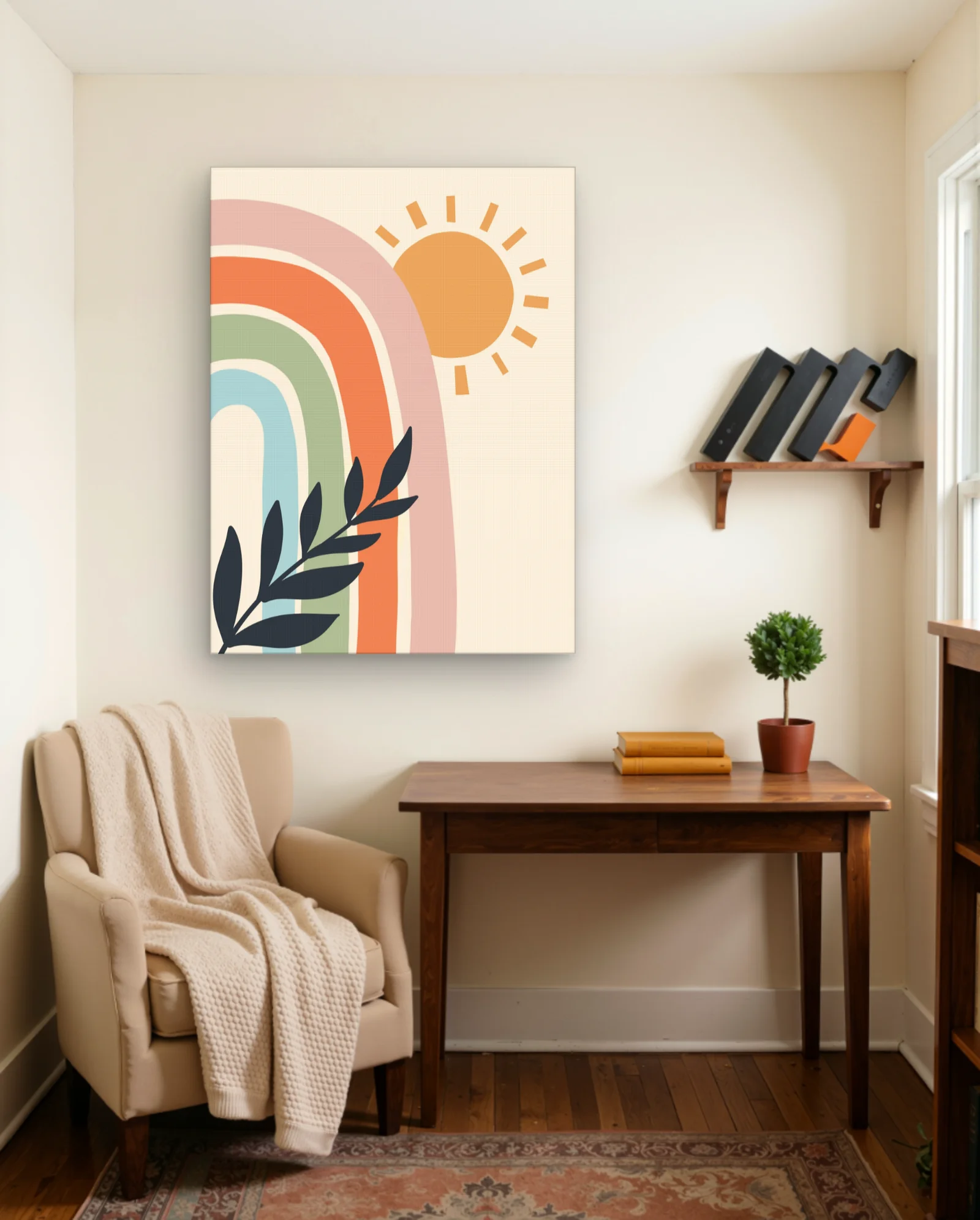 Pastel Rainbow Sun Leaf Wall Art — framed wall art poster by Memocult