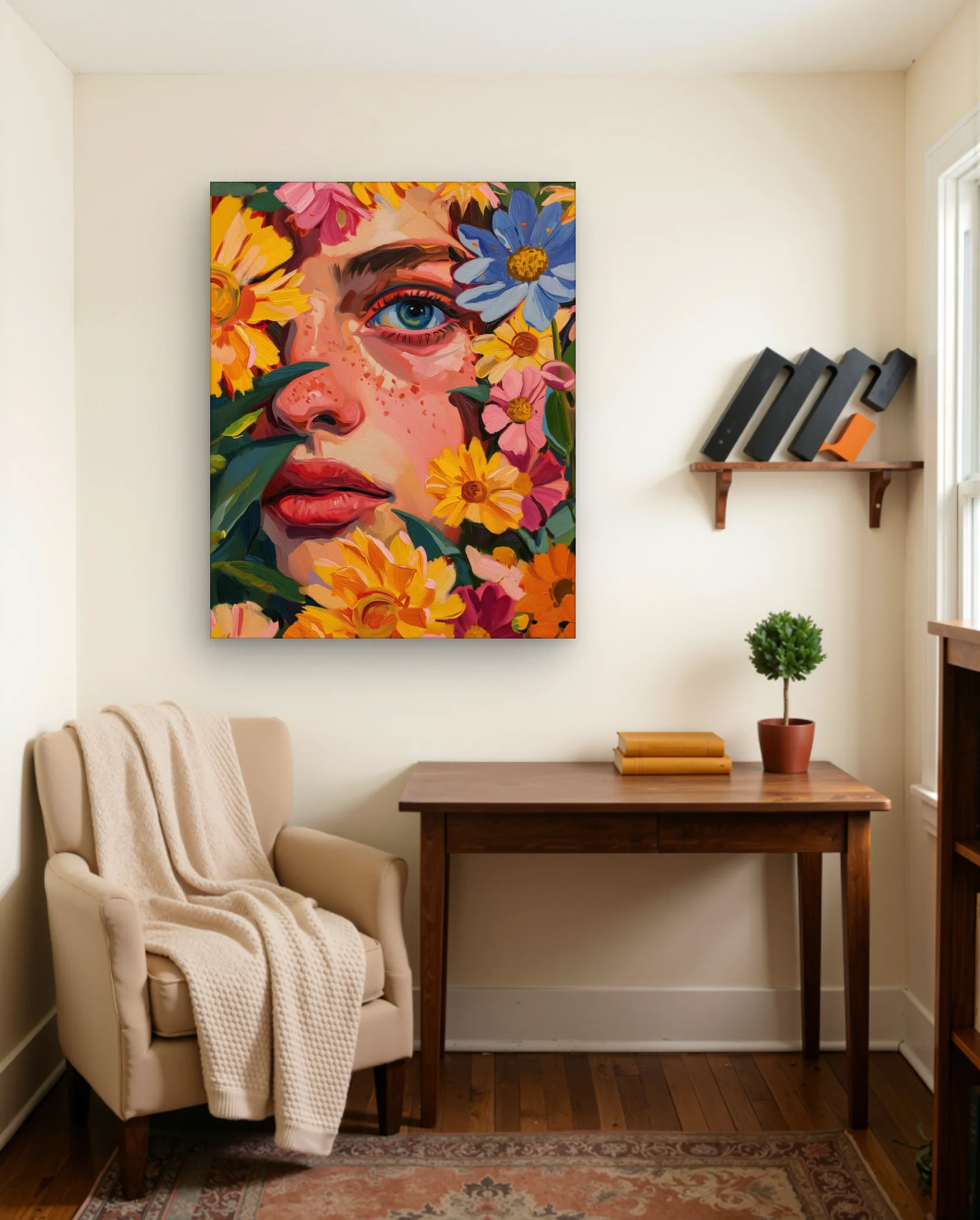 Woman With Blue Eyes And Flowers Wall Art — framed wall art poster by Memocult