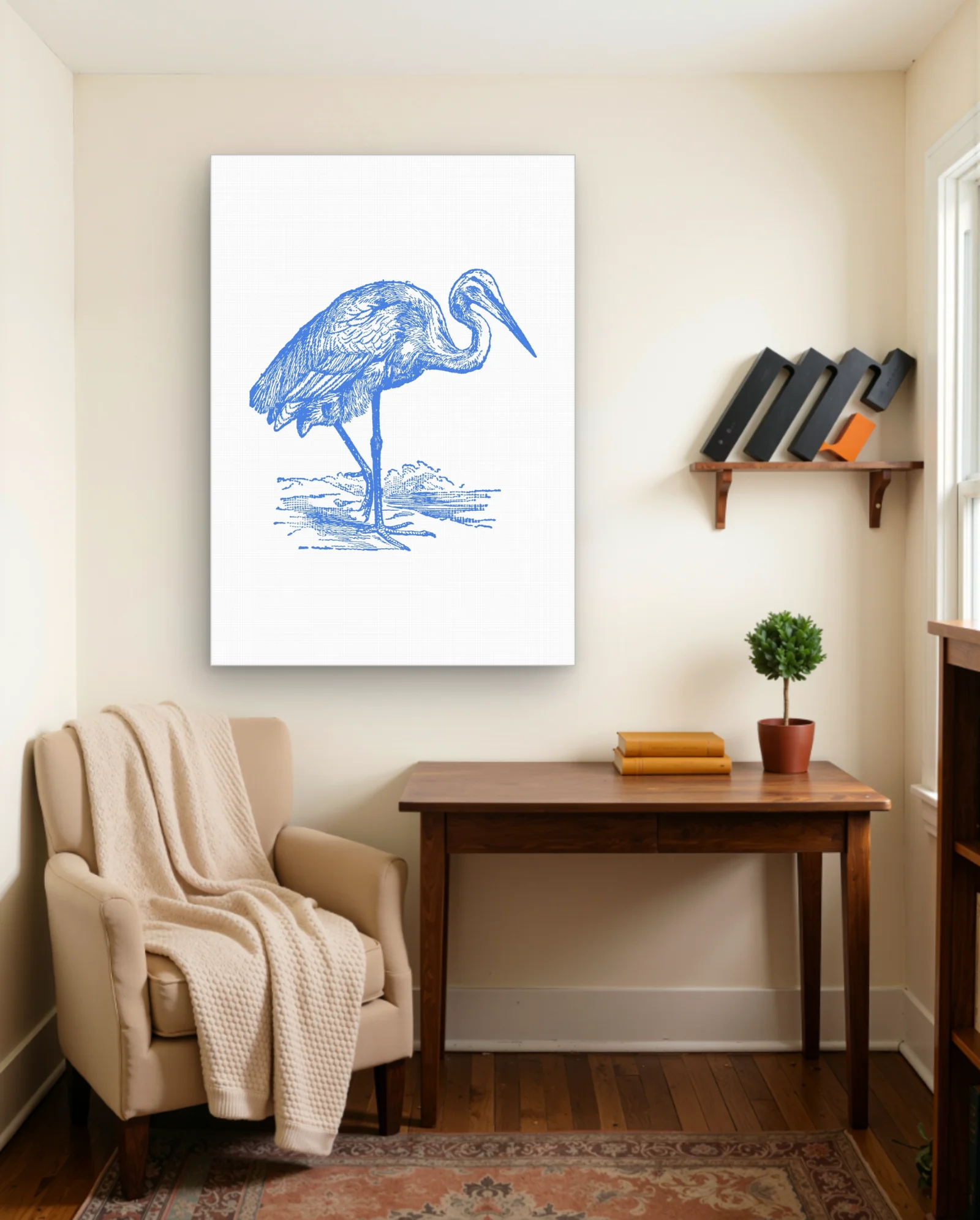 Blue Heron Standing Wall Art — framed wall art poster by Memocult