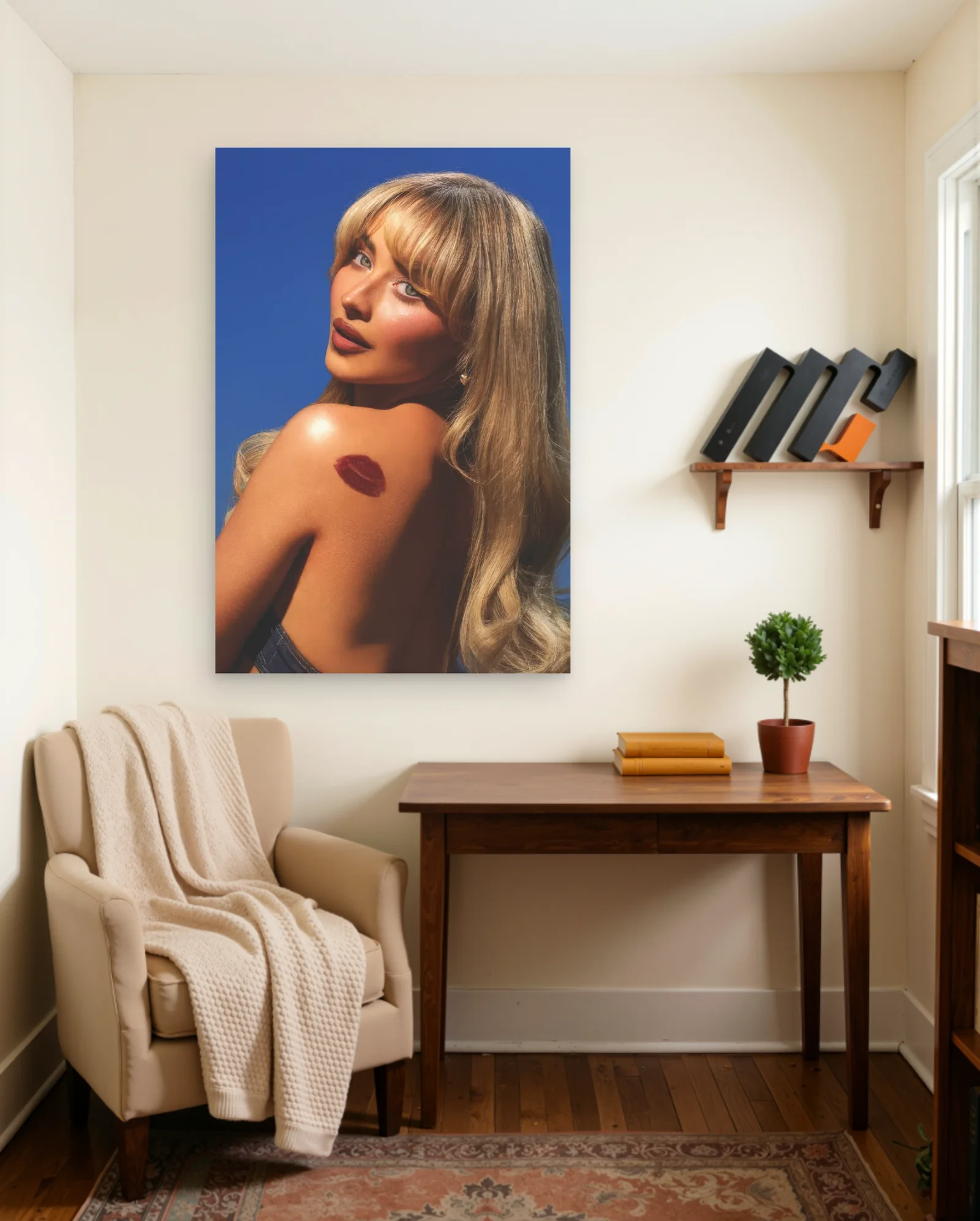 Sabrina Carpenter Kiss Mark Poster — framed wall art poster by Memocult