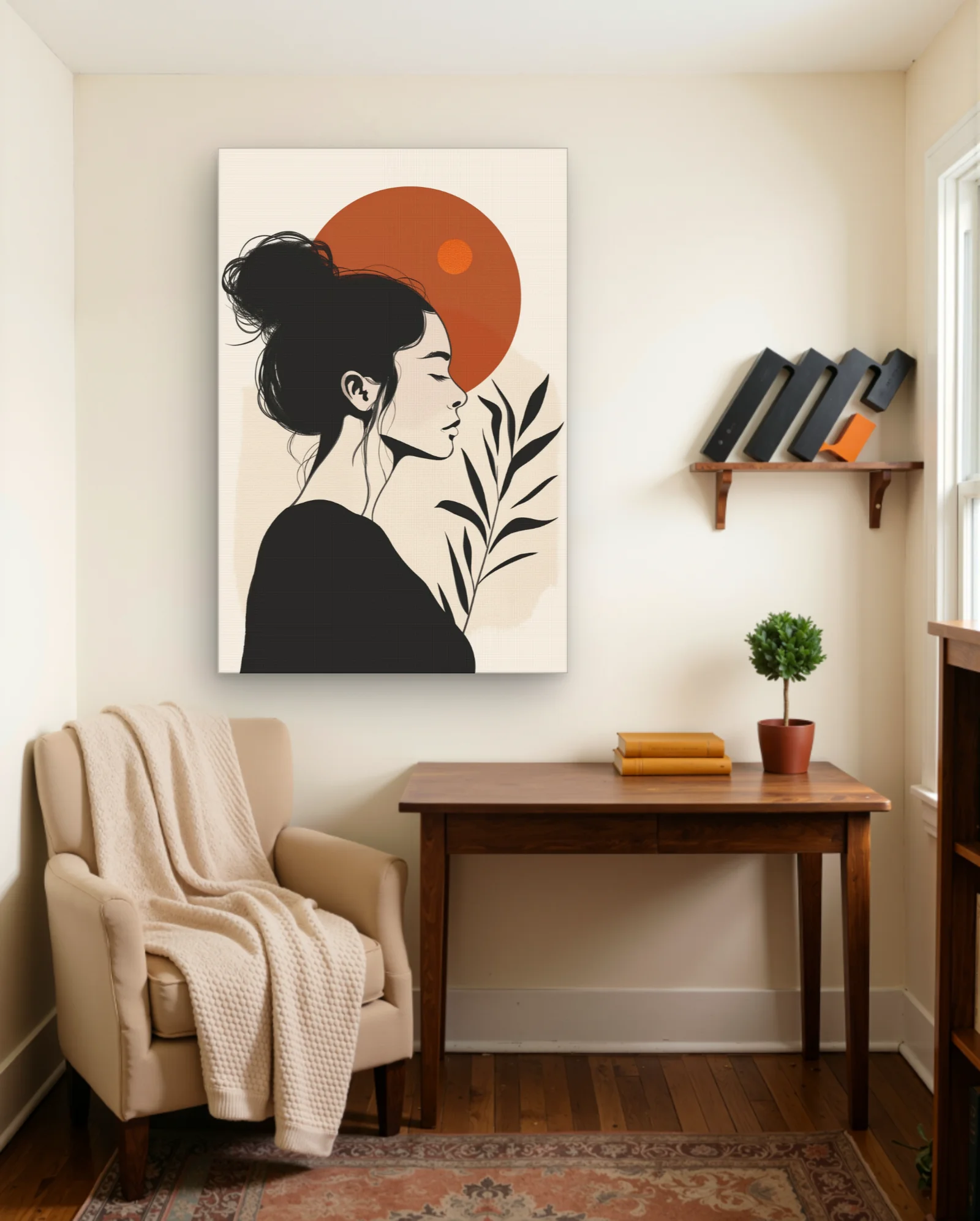 Woman Profile With Messy Bun And Sun Wall Art — framed wall art poster by Memocult