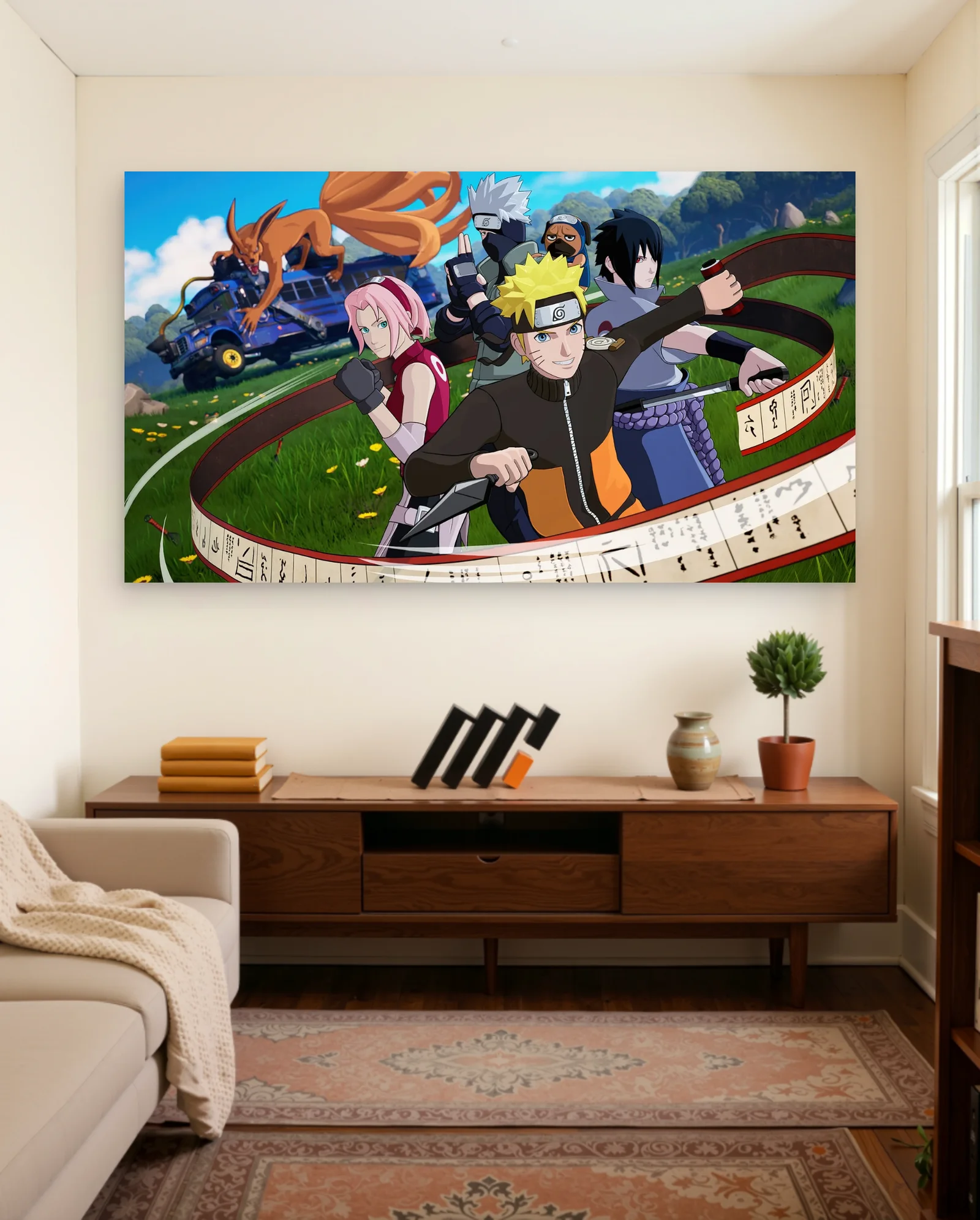 Naruto Sasuke Sakura Kakashi Bus Poster — framed wall art poster by Memocult