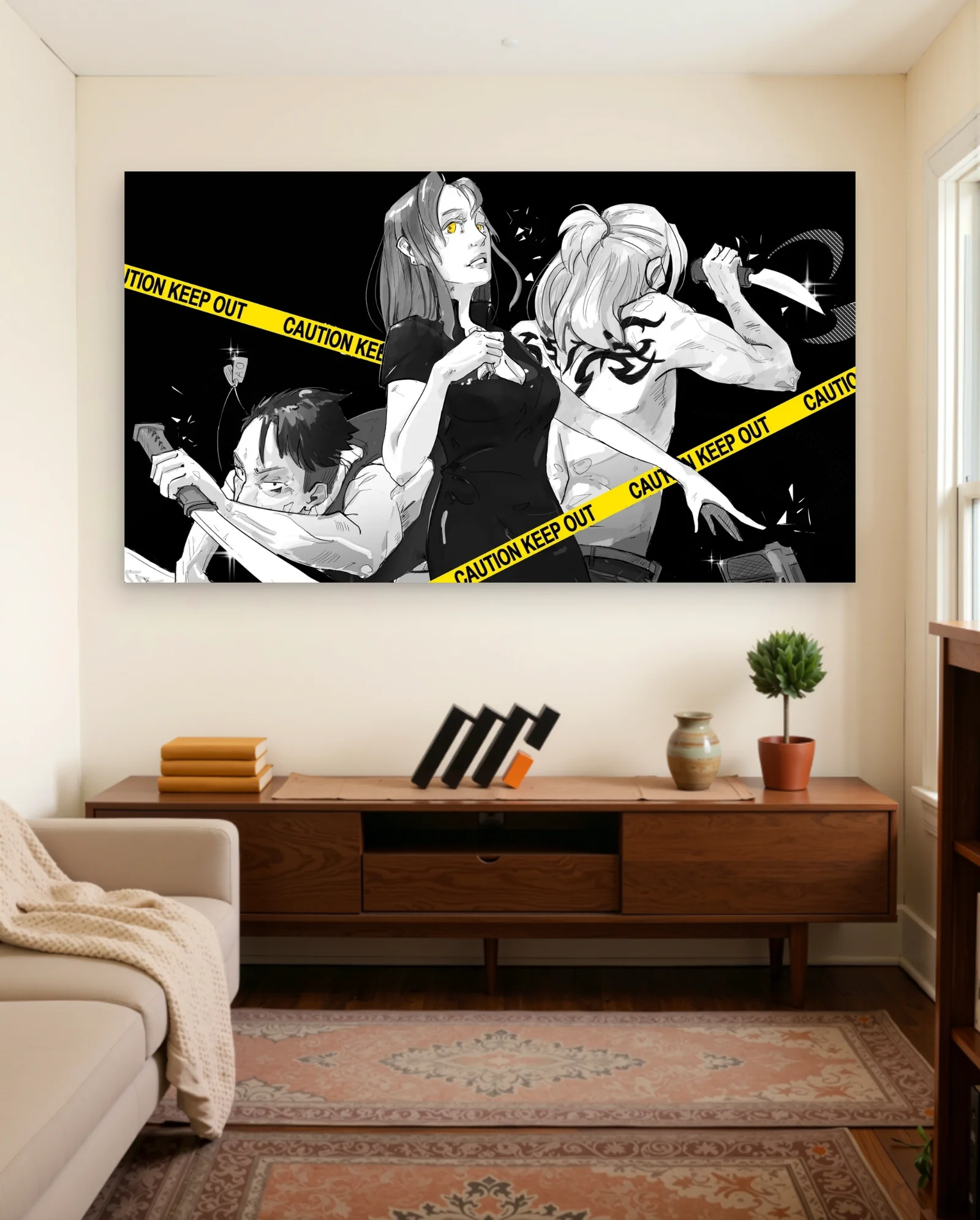 Chainsaw Man Caution Keep Out Trio Poster — framed wall art poster by Memocult
