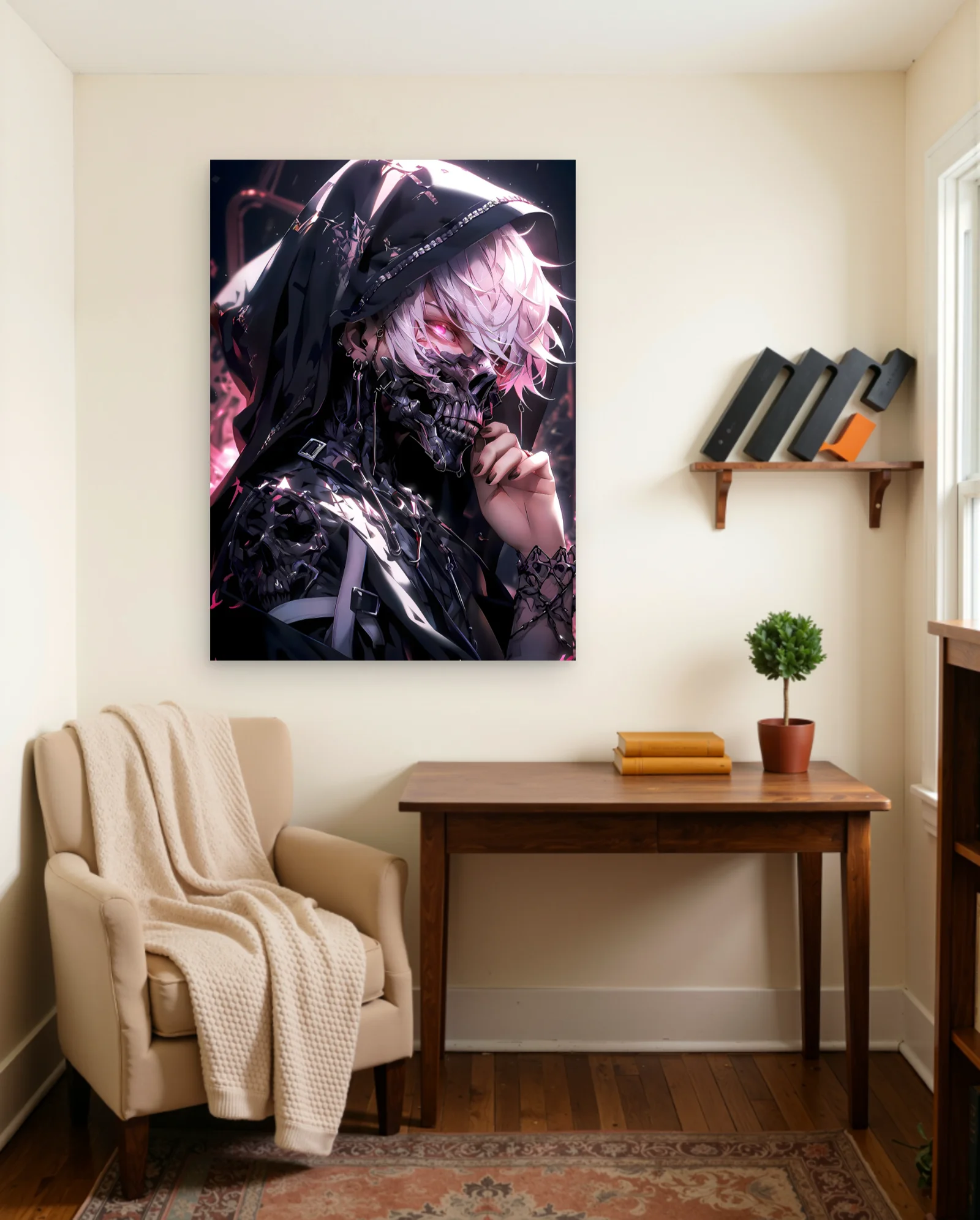 Cyberpunk Hacker Skull Mask White Hair Poster — framed wall art poster by Memocult