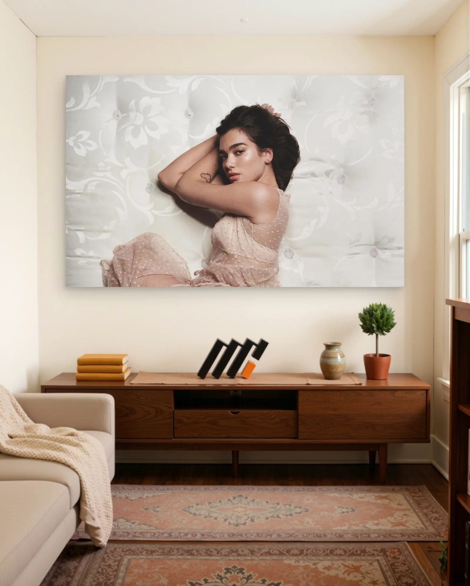 Dua Lipa Sheer Dress Pose Poster — framed wall art poster by Memocult