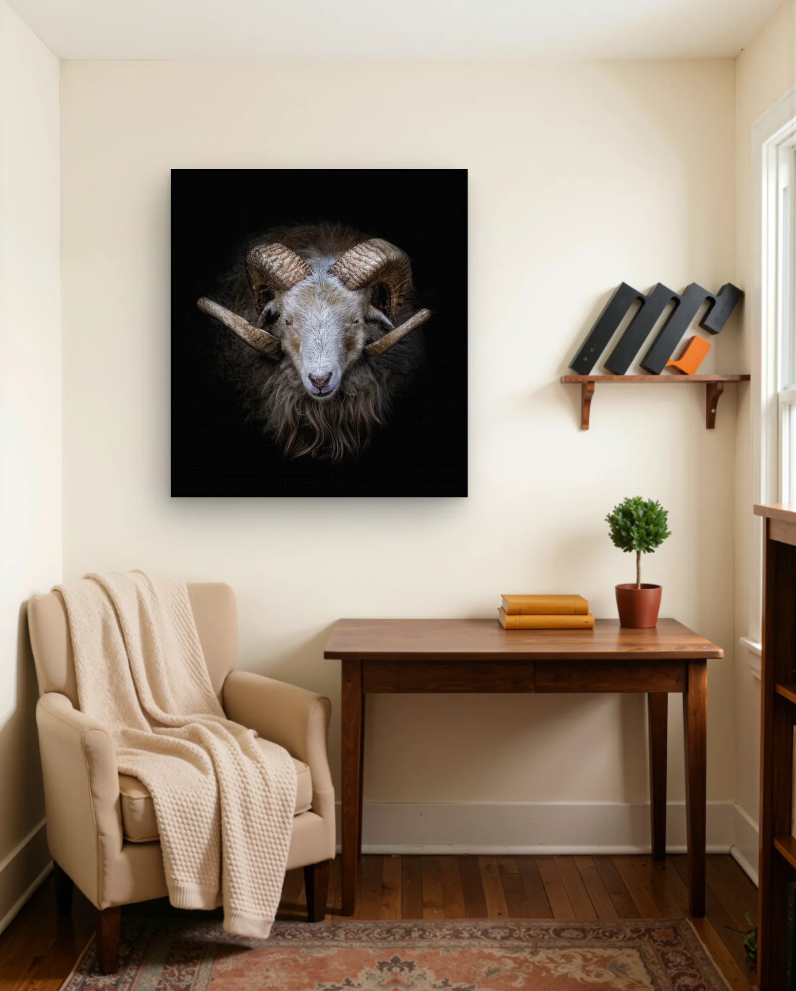 Horned Ram Close Up Black Background Wall Art — framed wall art poster by Memocult