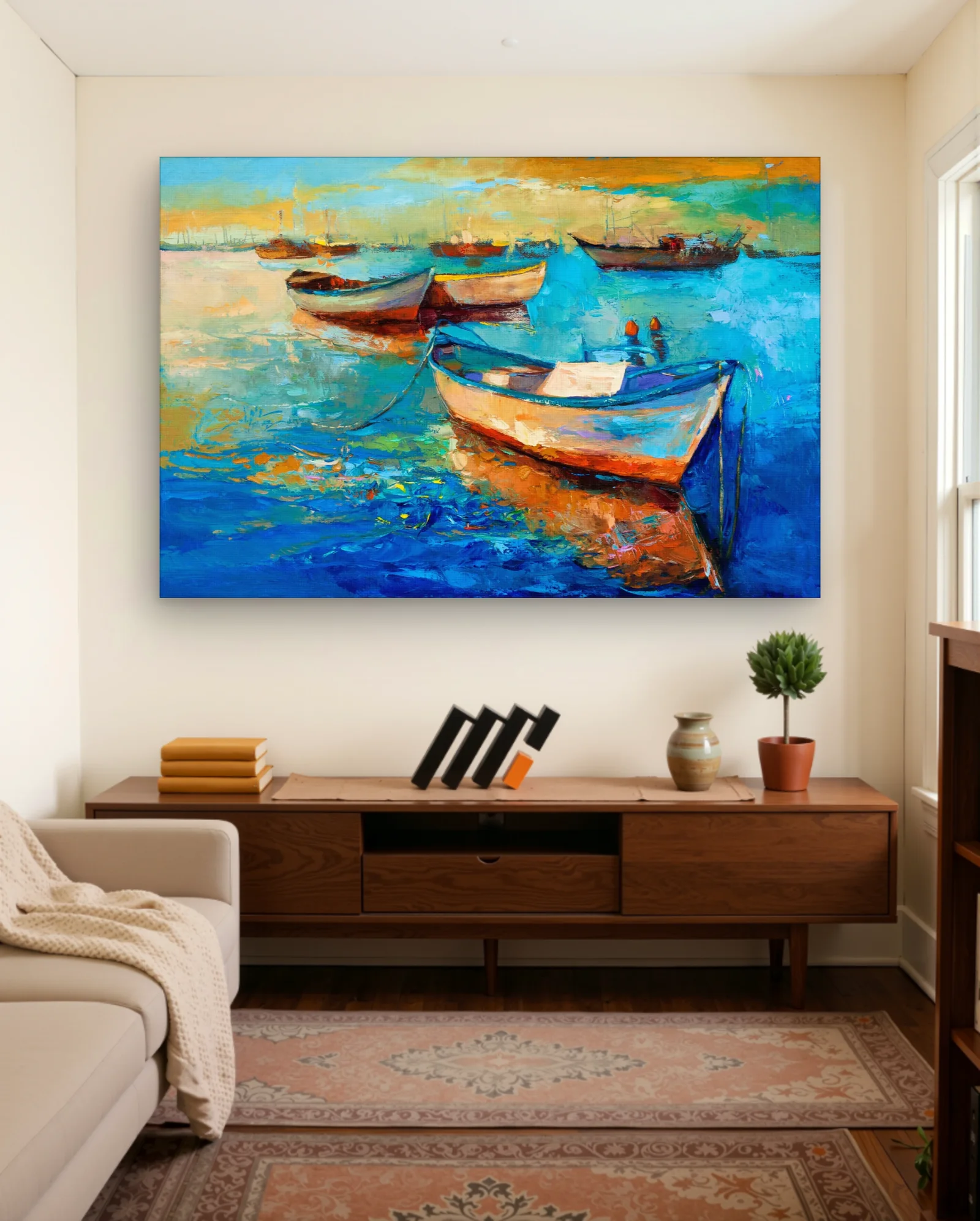 Boats In Harbor Blue Orange Dawn Wall Art — Abstract abstract & modern wall art poster