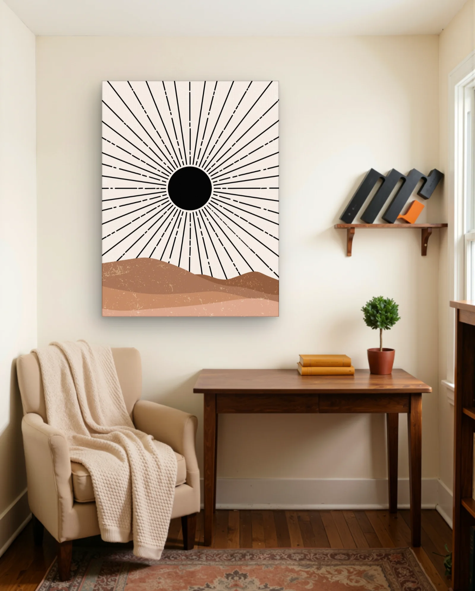 Black Sunburst Over Terracotta Hills Wall Art — framed wall art poster by Memocult