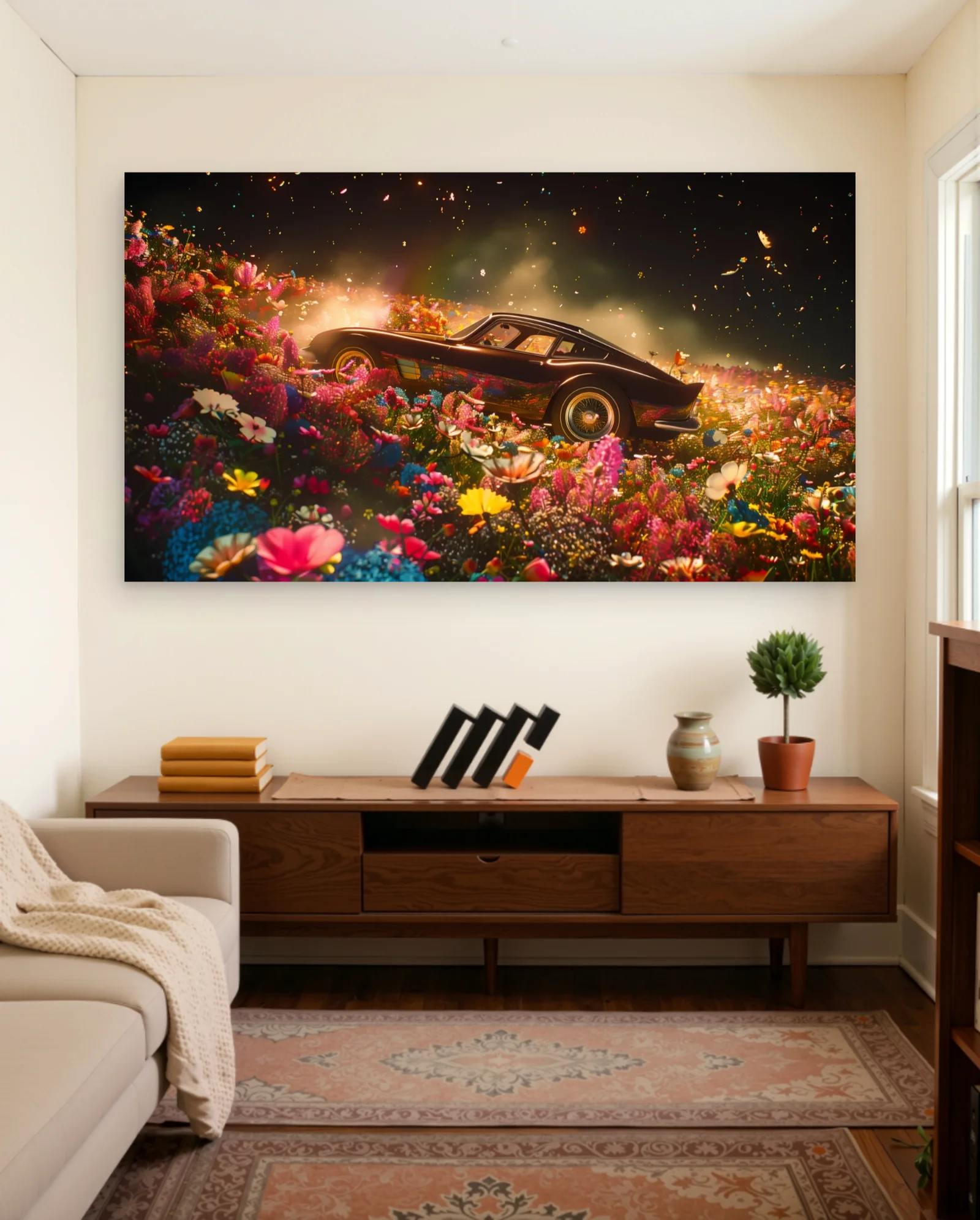 Dark Classic Coupe In Flowers Poster — framed wall art poster by Memocult