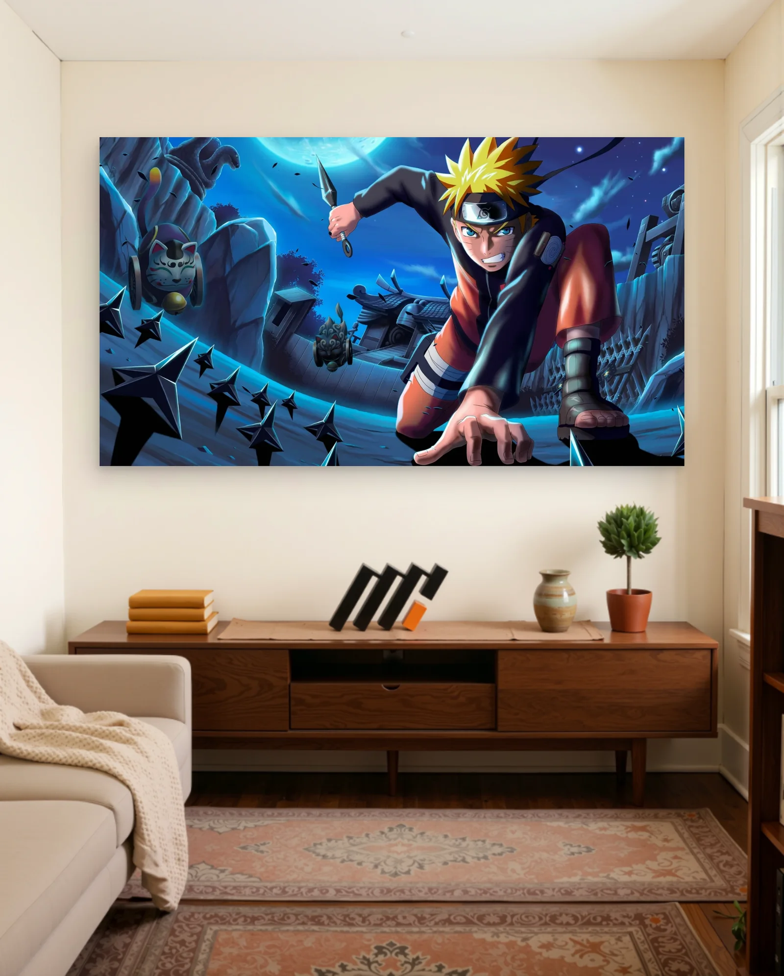 Naruto Uzumaki Kunai Attack Night Poster — framed wall art poster by Memocult