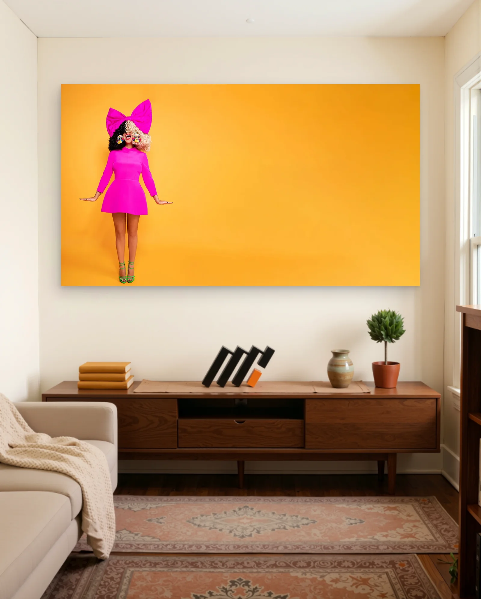 Sia Pink Dress With Bow Poster — framed wall art poster by Memocult