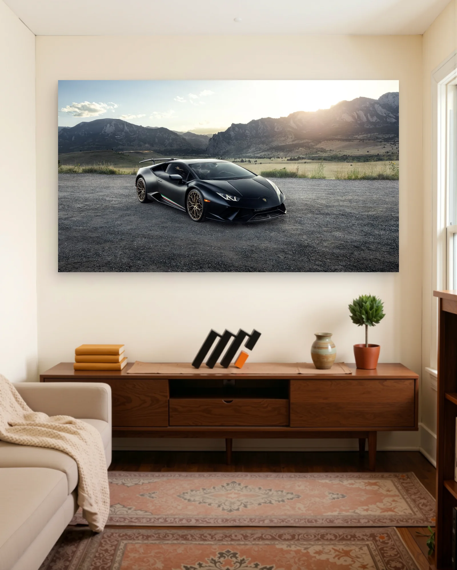 Lamborghini Huracán — Matte Black 3/4 Front with Rear Wing at Mountain Sunset — framed wall art poster by Memocult