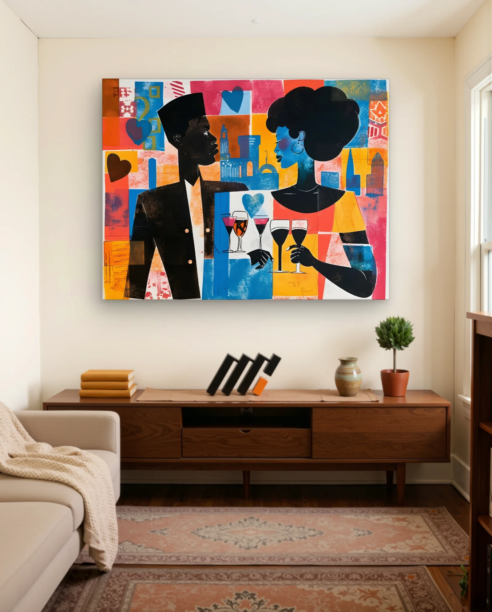 Afro Couple With Wine Glasses Wall Art — framed wall art poster by Memocult