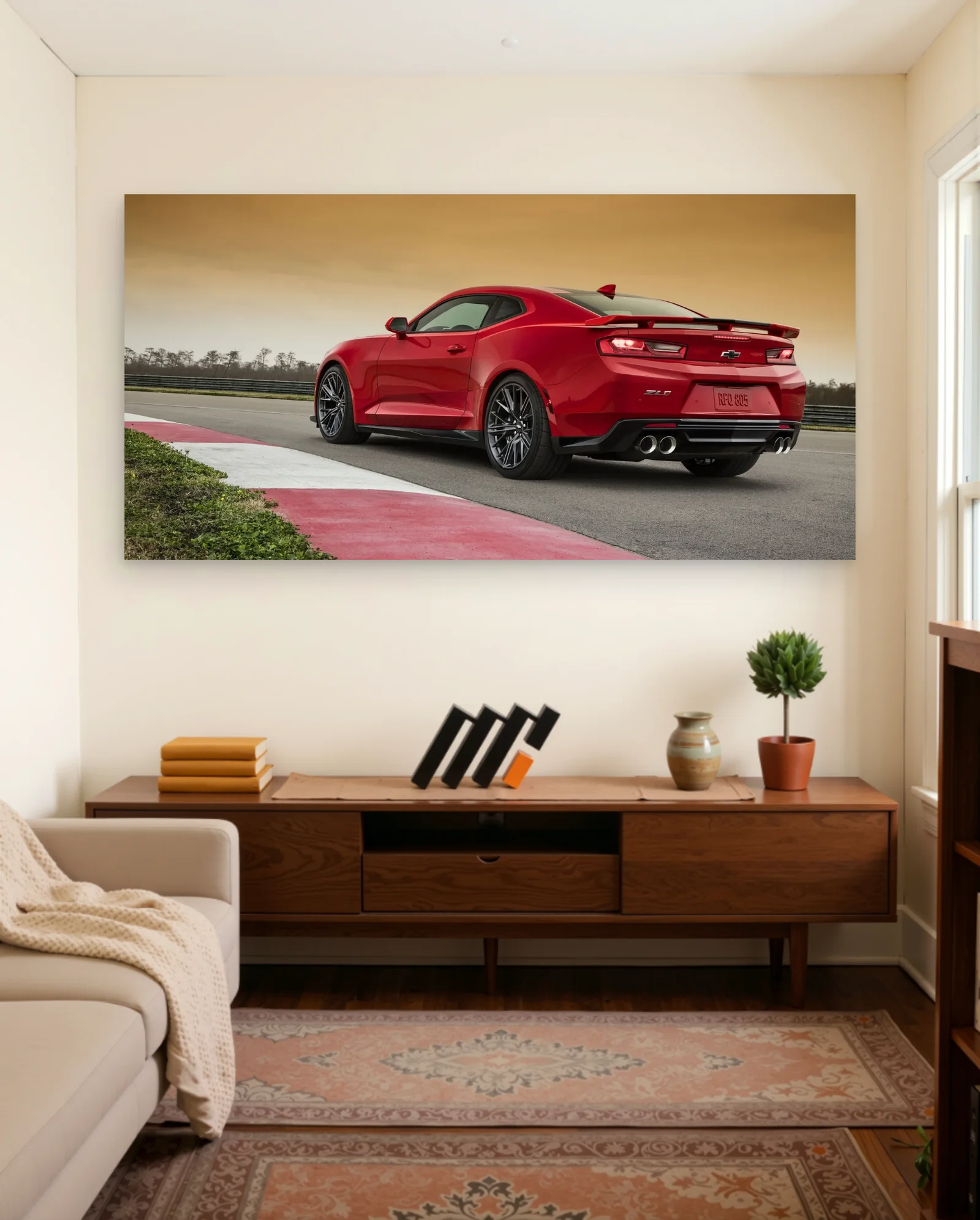 Red Chevrolet Camaro ZL1 Quad Exhaust Poster — framed wall art poster by Memocult