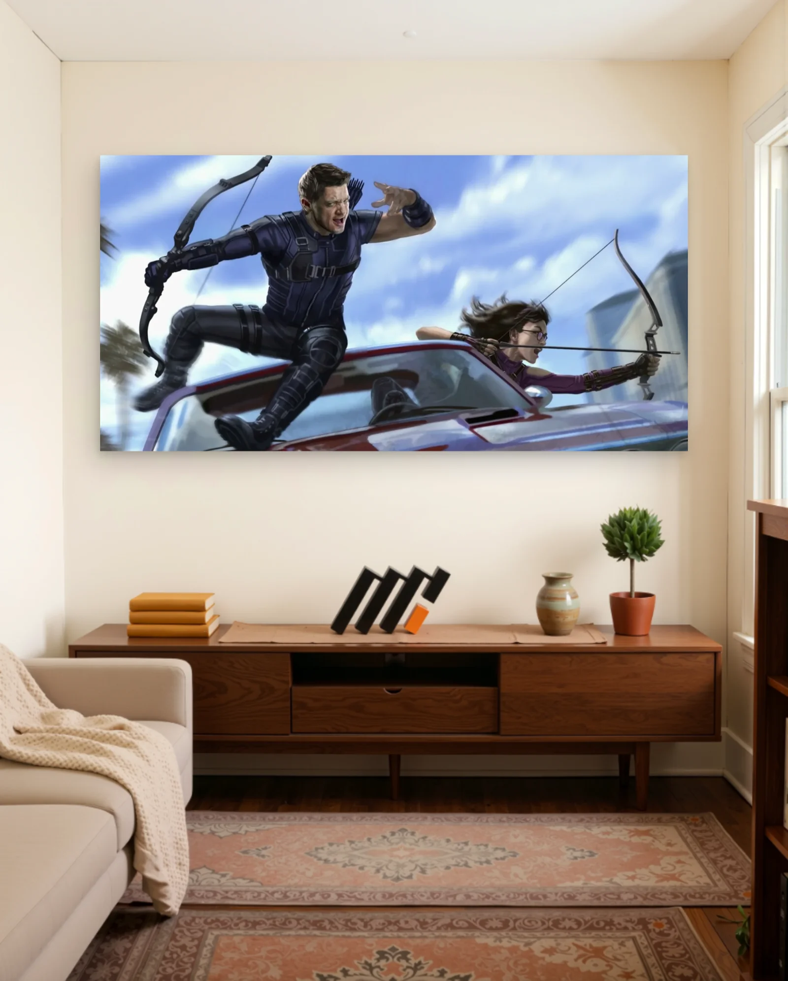 Hawkeye And Kate Bishop Car Chase Poster — framed wall art poster by Memocult