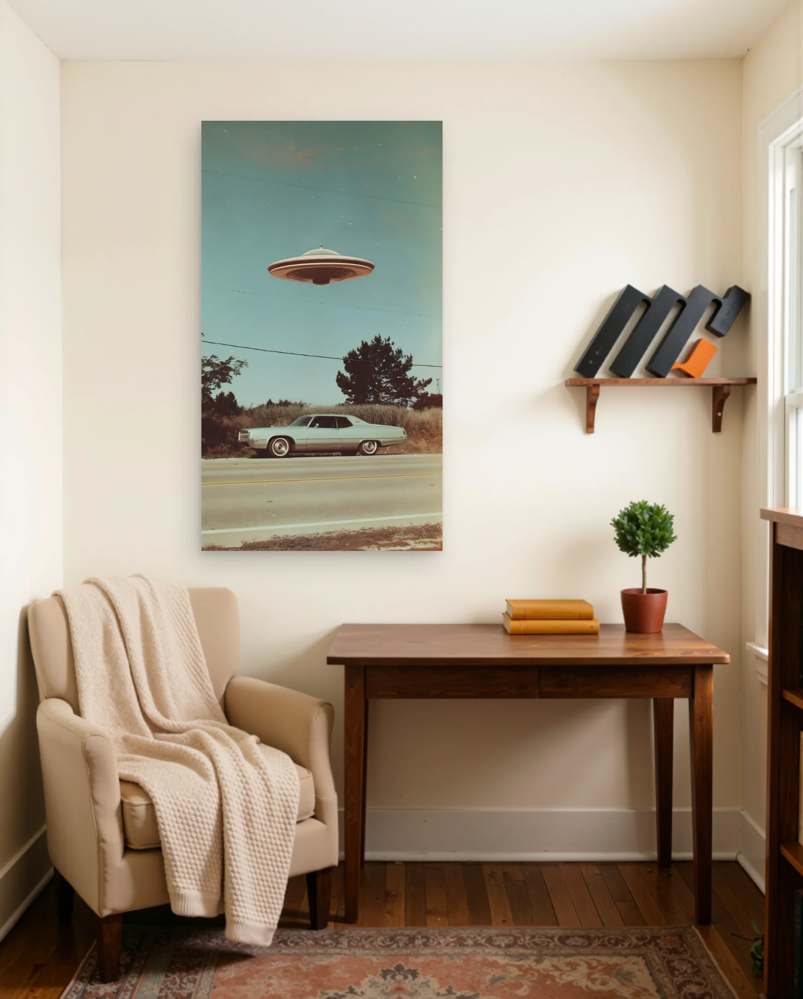 UFO Over Vintage Car Poster — framed wall art poster by Memocult