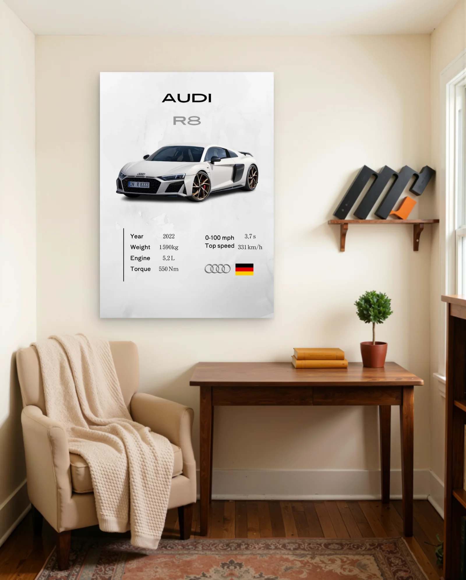 Audi R8 2022 White Bronze Wheels Poster — framed wall art poster by Memocult