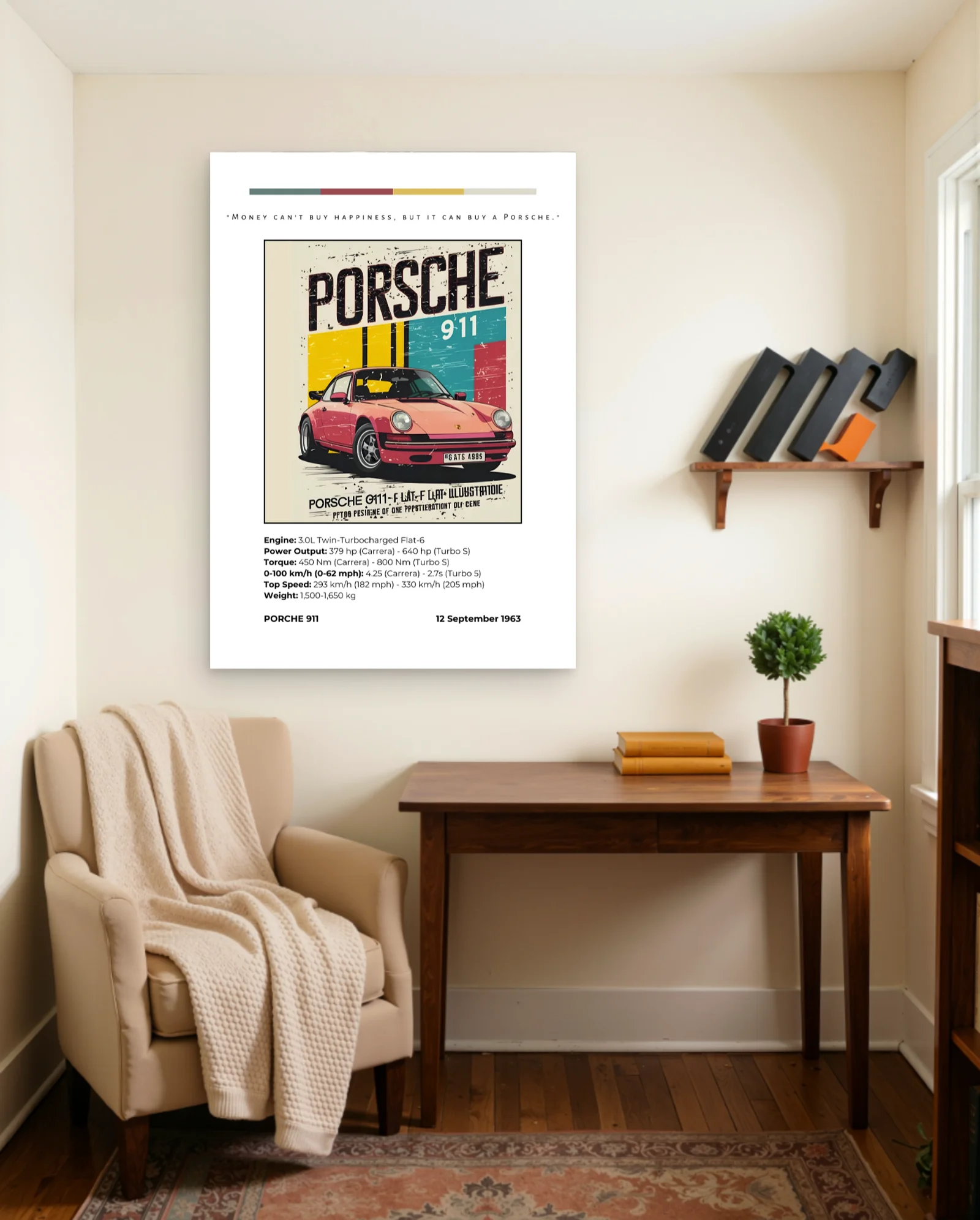 Porsche 911 Pink Retro Illustration Poster — framed wall art poster by Memocult