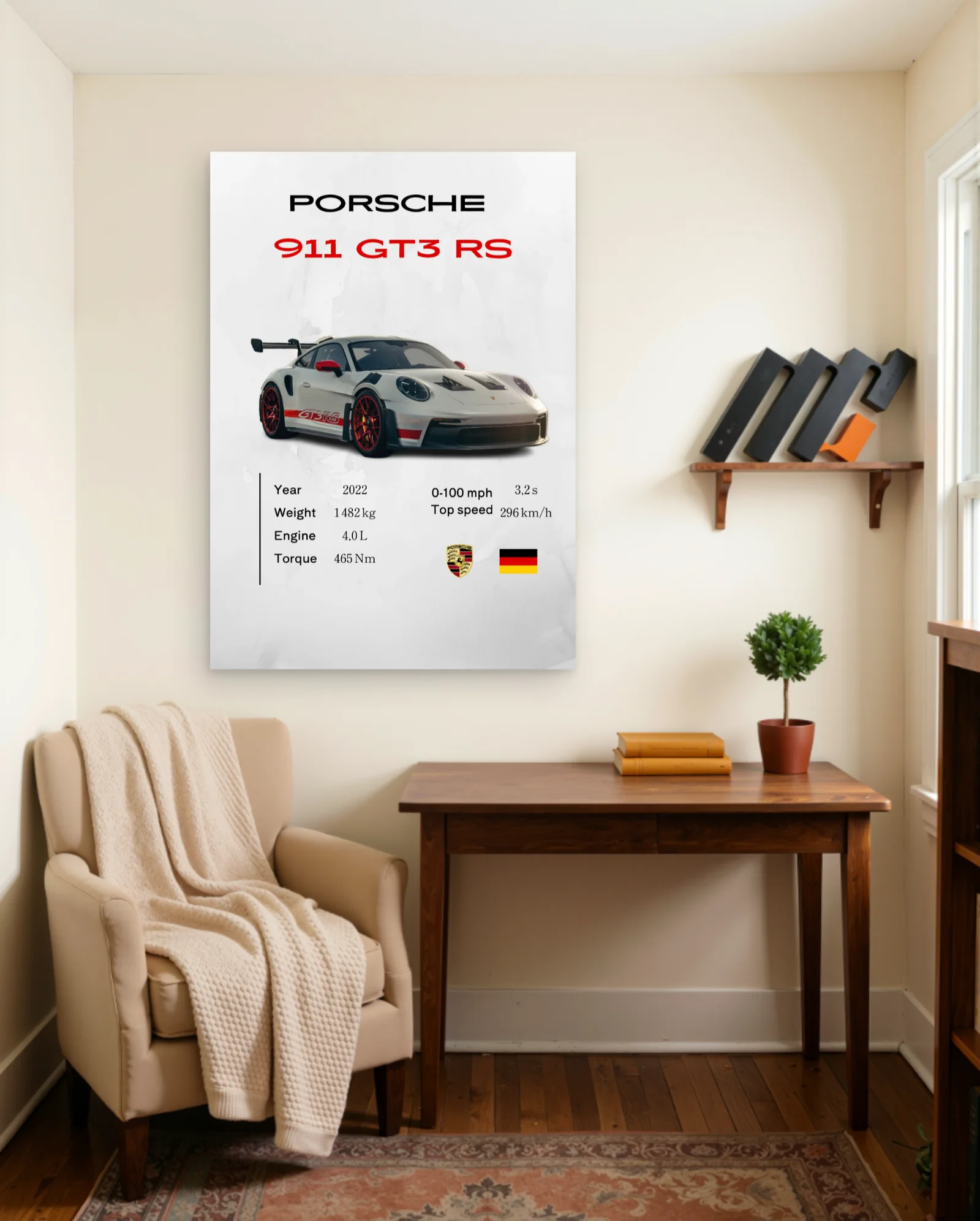 Porsche 911 GT3 RS White Red Accents Poster — framed wall art poster by Memocult