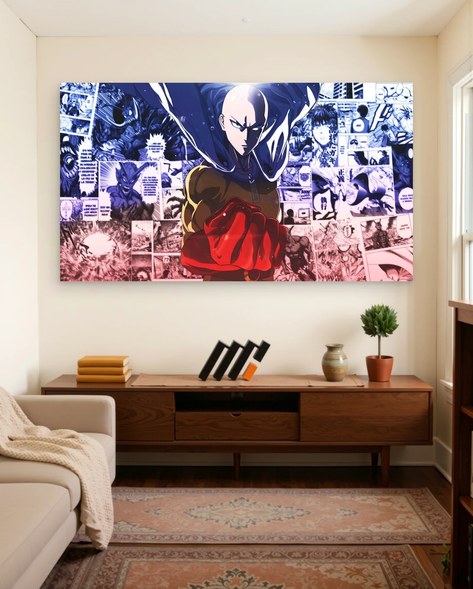 Saitama Manga Collage Poster — framed wall art poster by Memocult
