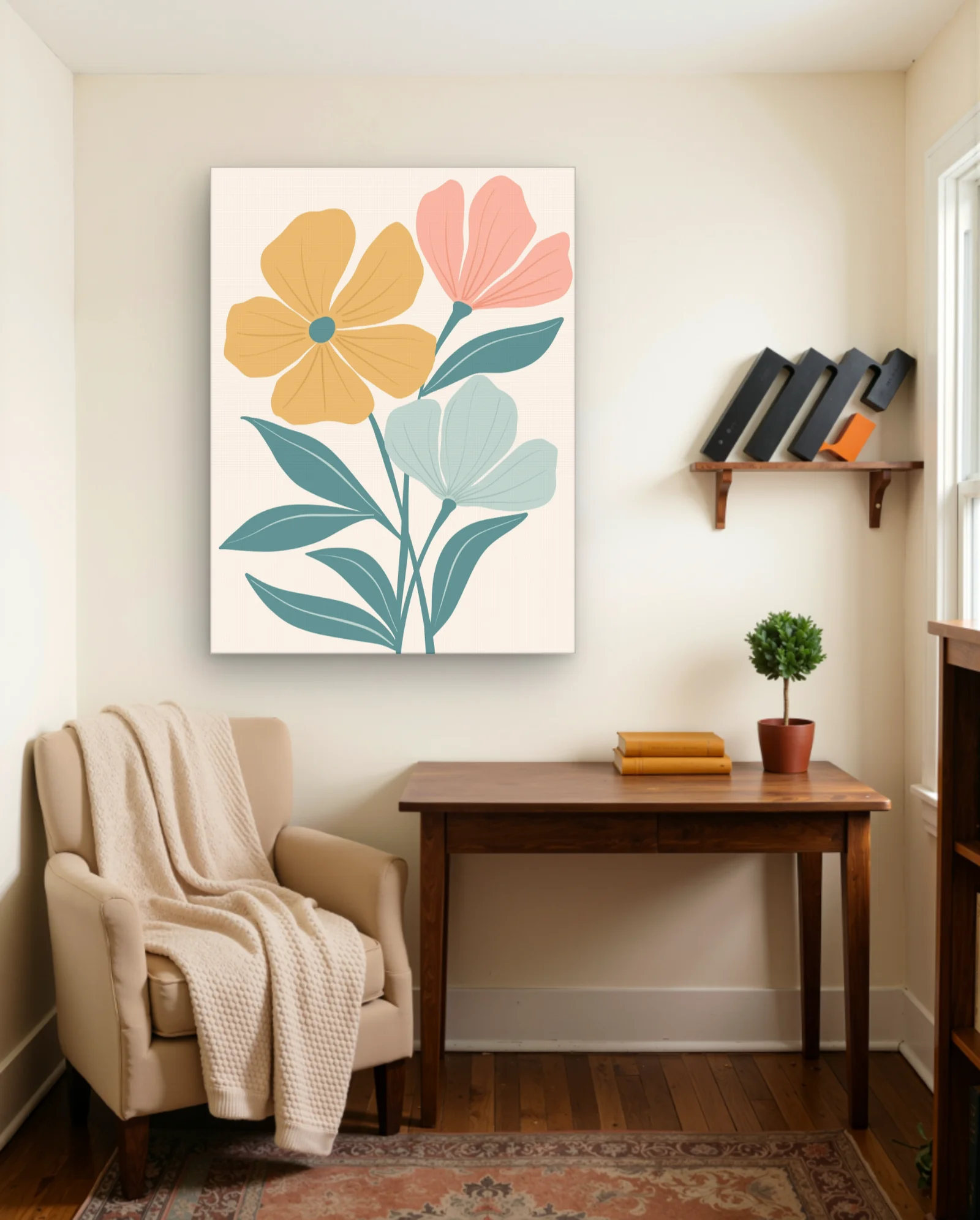 Yellow Pink Teal Flowers Wall Art — framed wall art poster by Memocult
