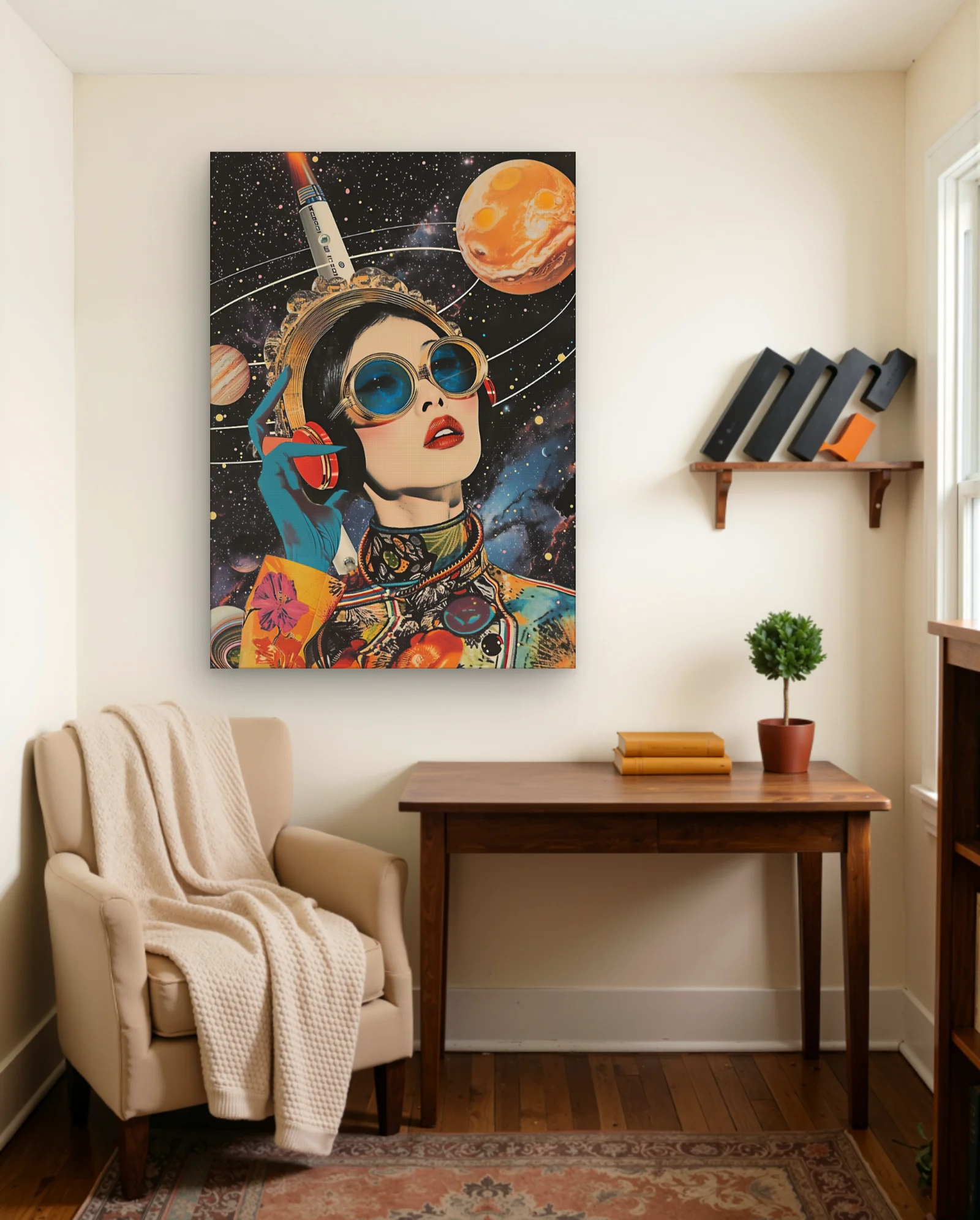 Woman In Orbit With Headphones Wall Art — framed wall art poster by Memocult
