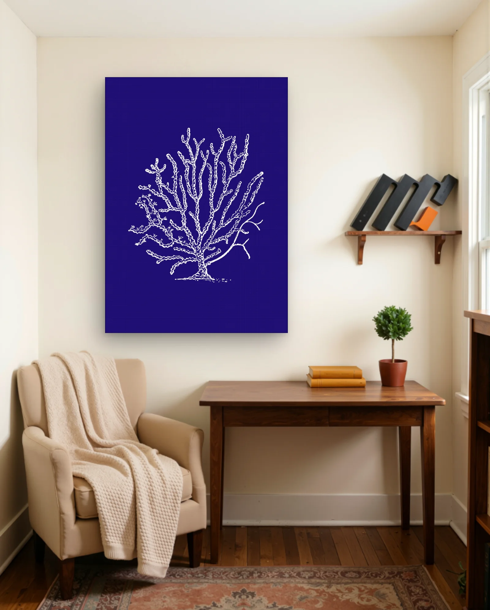 White Sea Fan Coral Navy Wall Art — framed wall art poster by Memocult