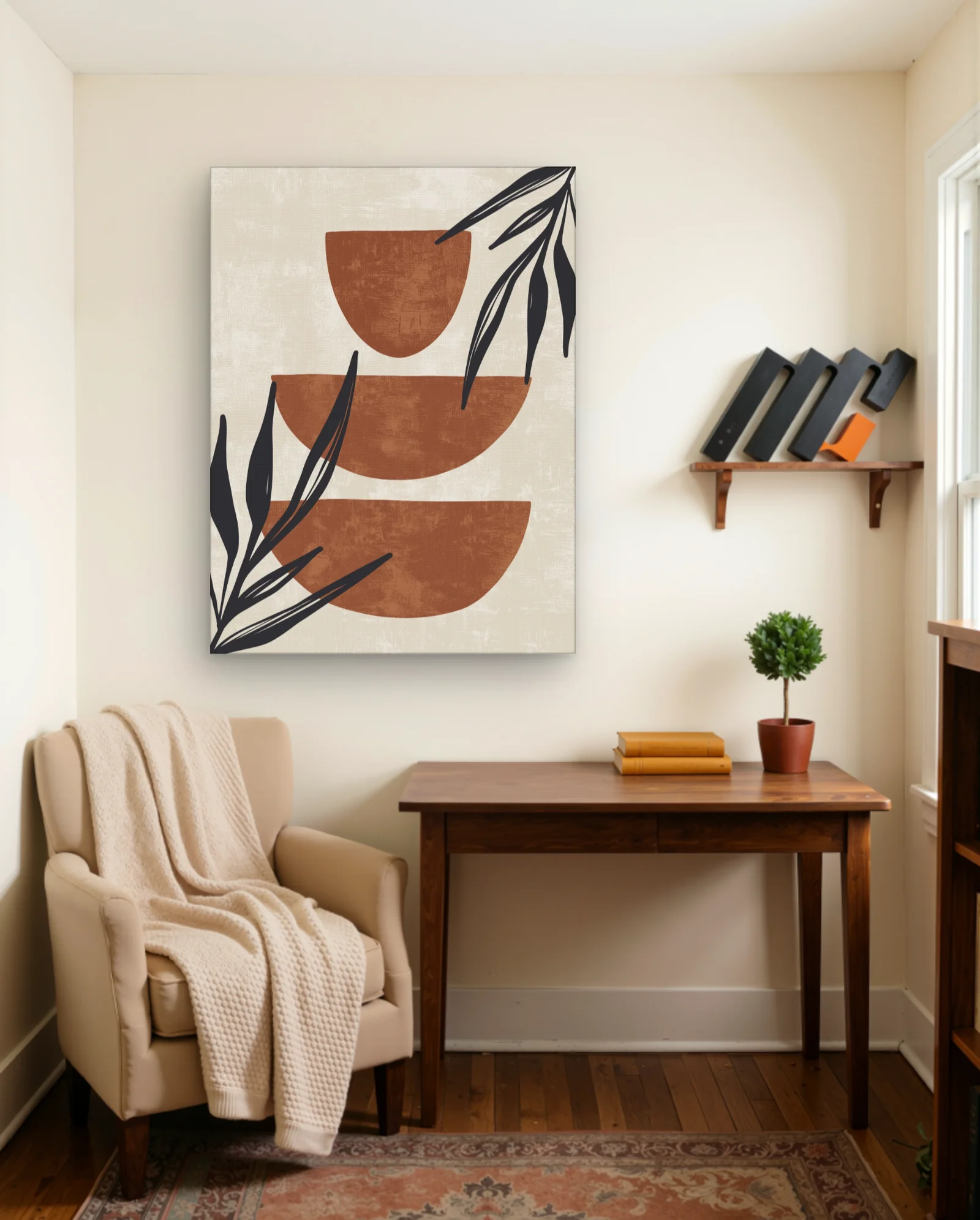 Stacked Terracotta Semi Circles Black Leaves Wall Art — framed wall art poster by Memocult