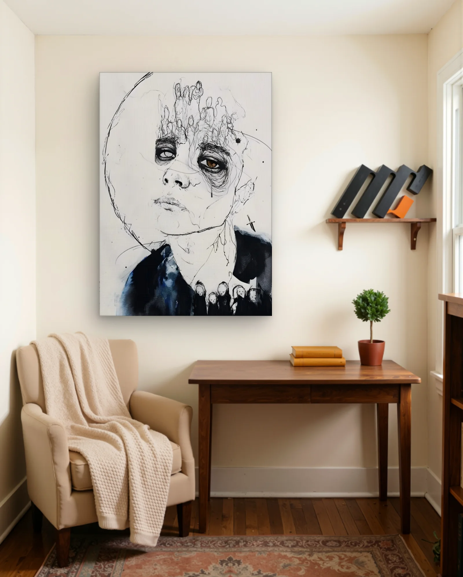 Monochrome Face With Dagger And Figures Wall Art — framed wall art poster by Memocult
