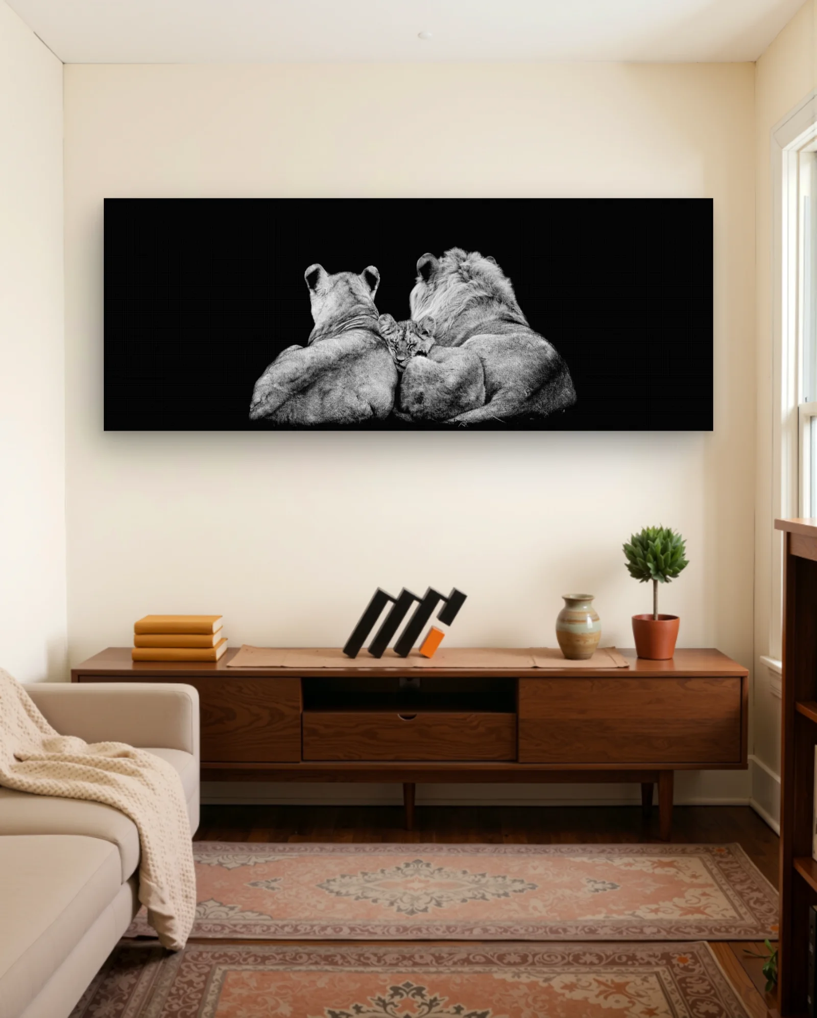 Lion Cub Nestled Between Adults Rear View Wall Art — framed wall art poster by Memocult