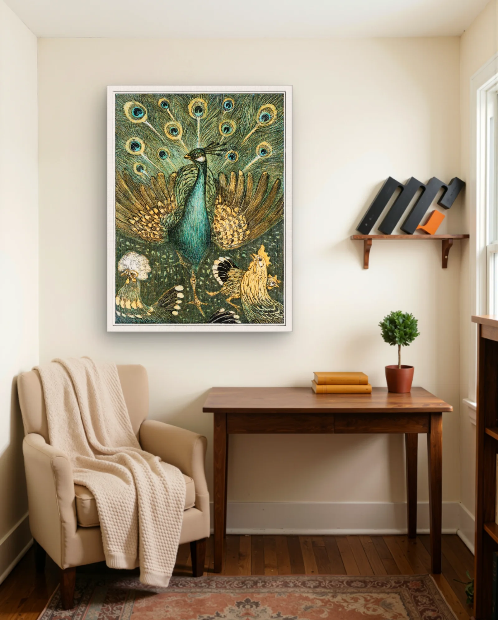 Peacock And Chickens Art Print — framed wall art poster by Memocult