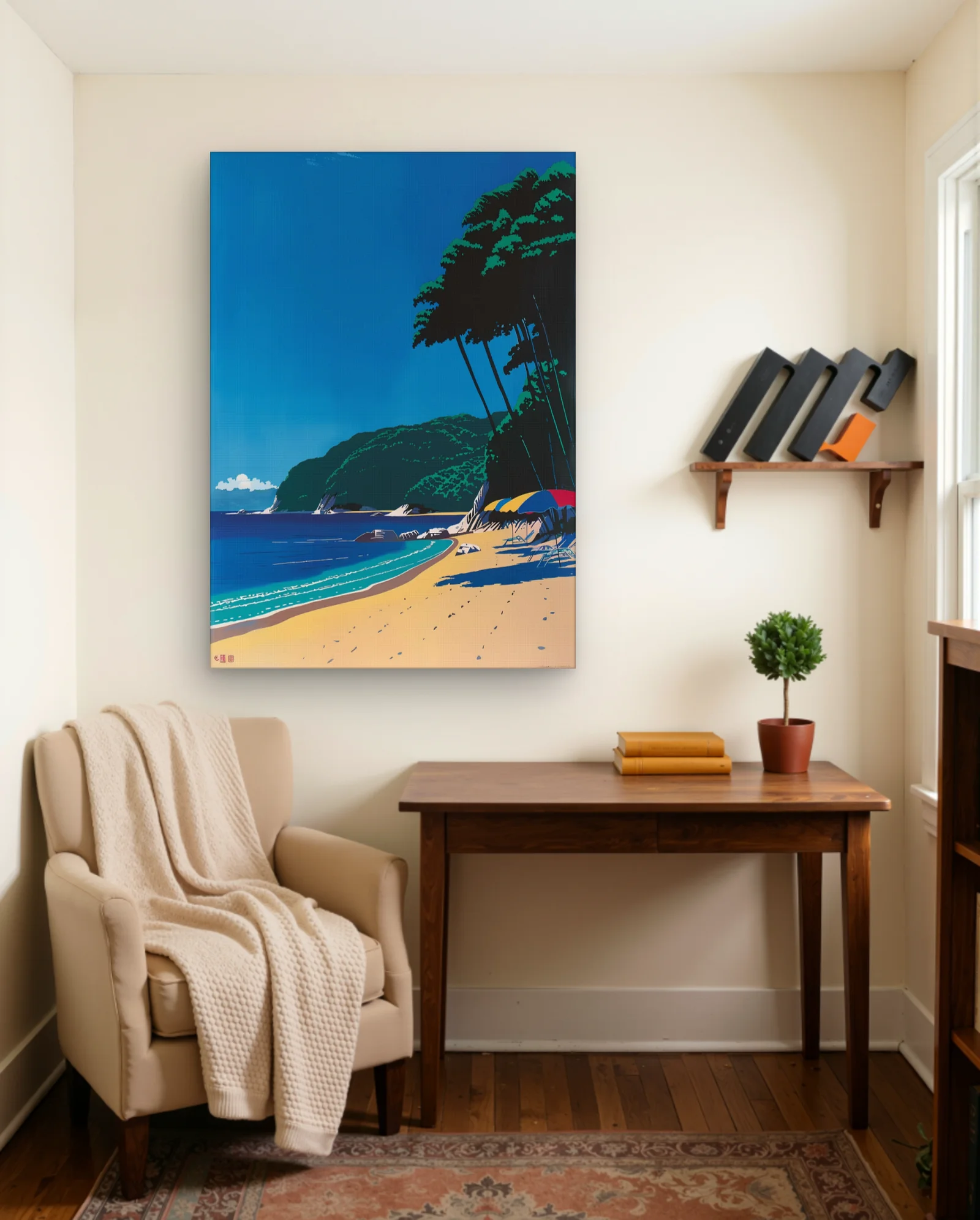 Beach Umbrellas And Chairs Wall Art — framed wall art poster by Memocult