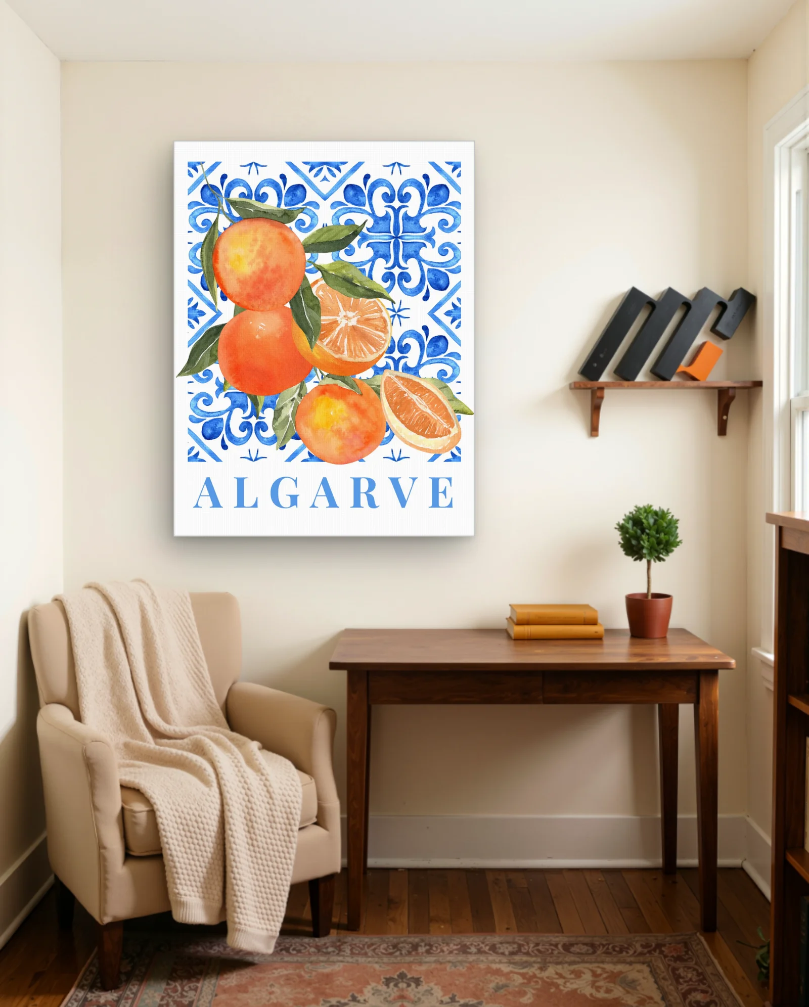 Algarve Oranges On Blue Tile Wall Art — framed wall art poster by Memocult