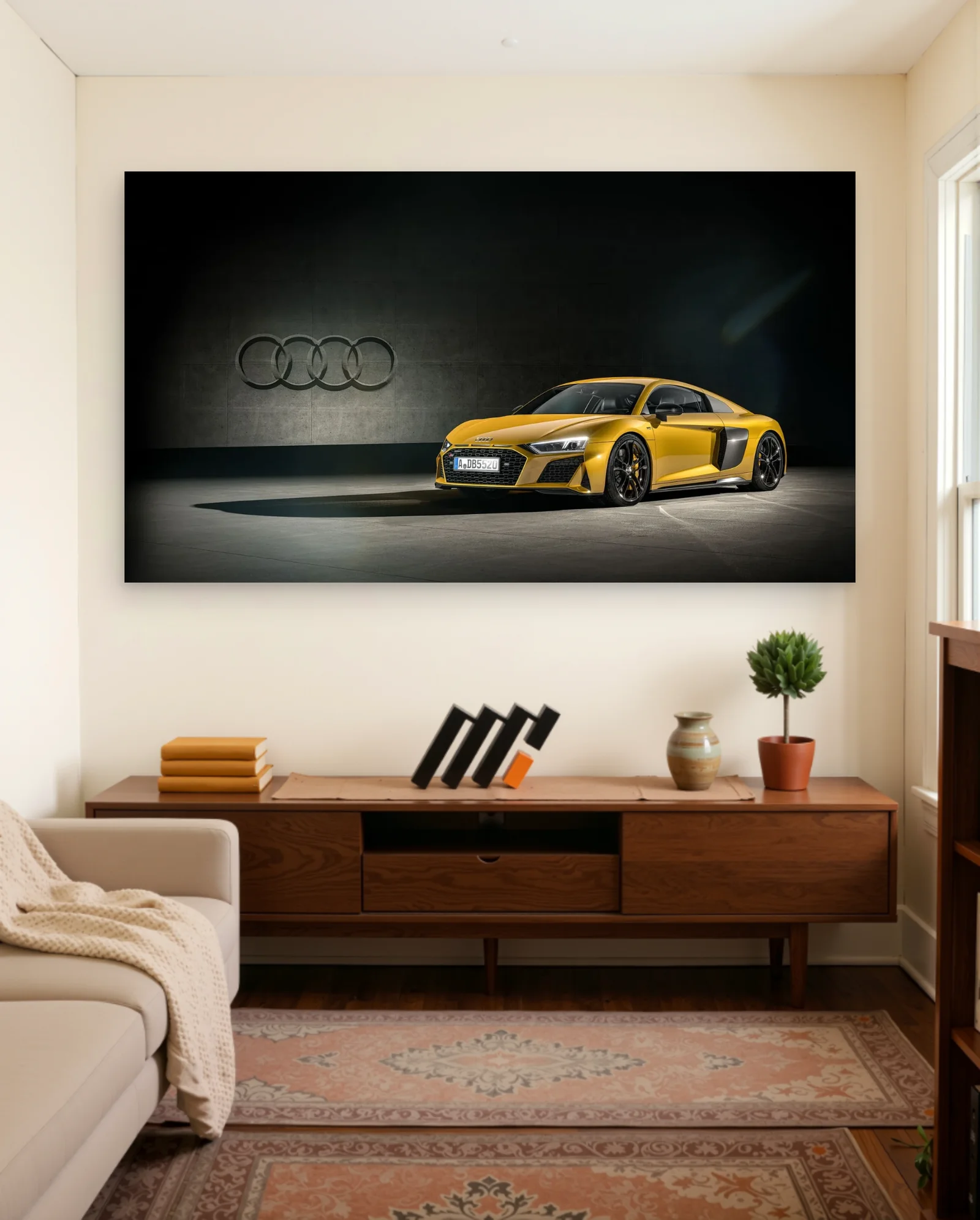 Yellow Audi R8 Poster — framed wall art poster by Memocult