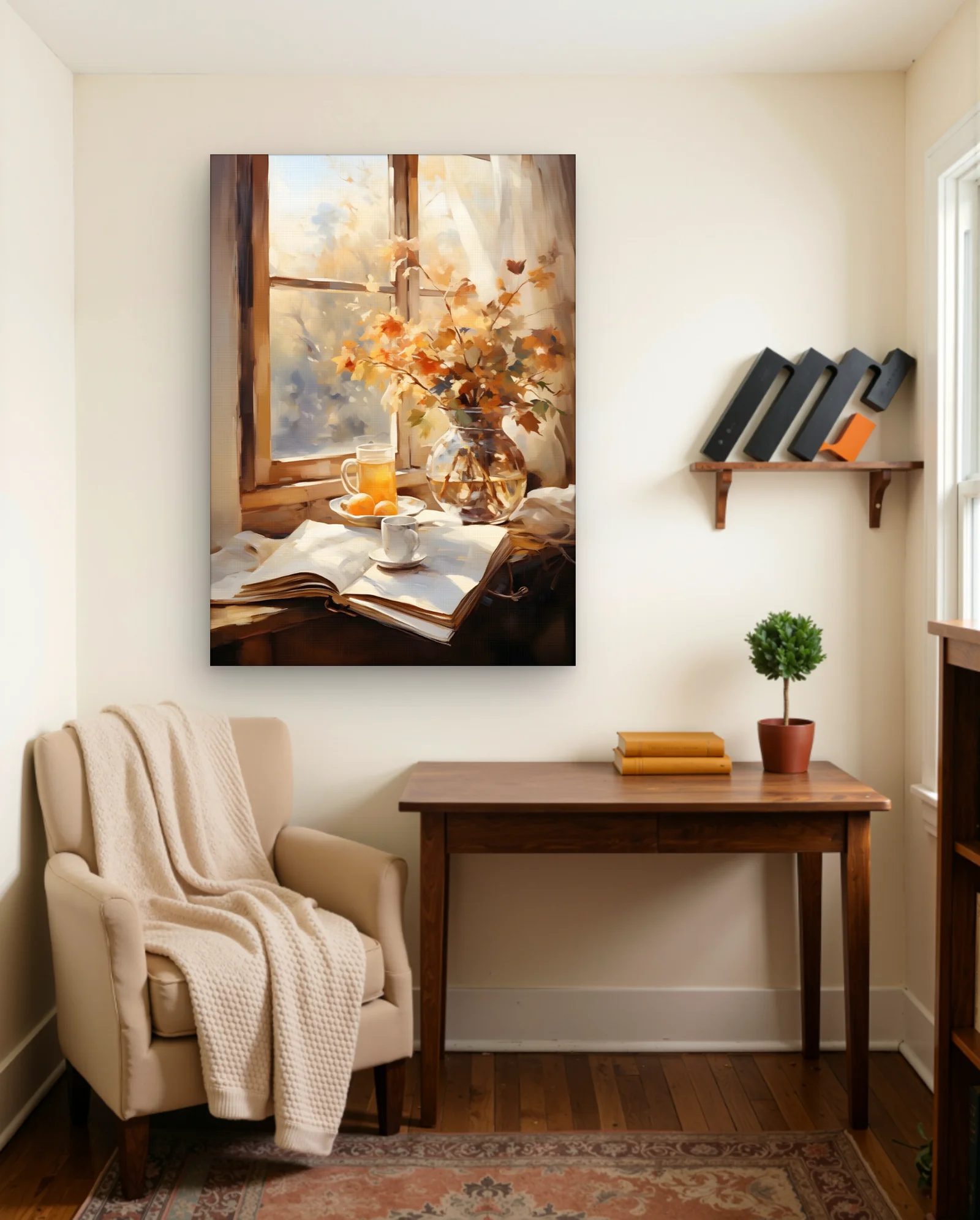 Autumn Leaves Book Tea By Window Wall Art — framed wall art poster by Memocult