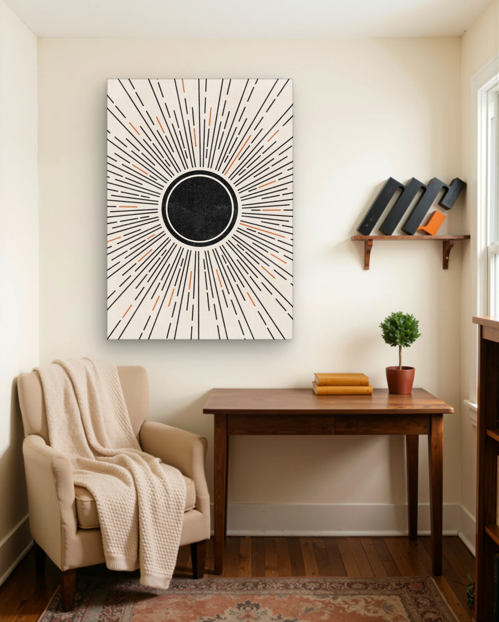 Black Sunburst With Orange Accents Wall Art — Abstract abstract & modern wall art poster