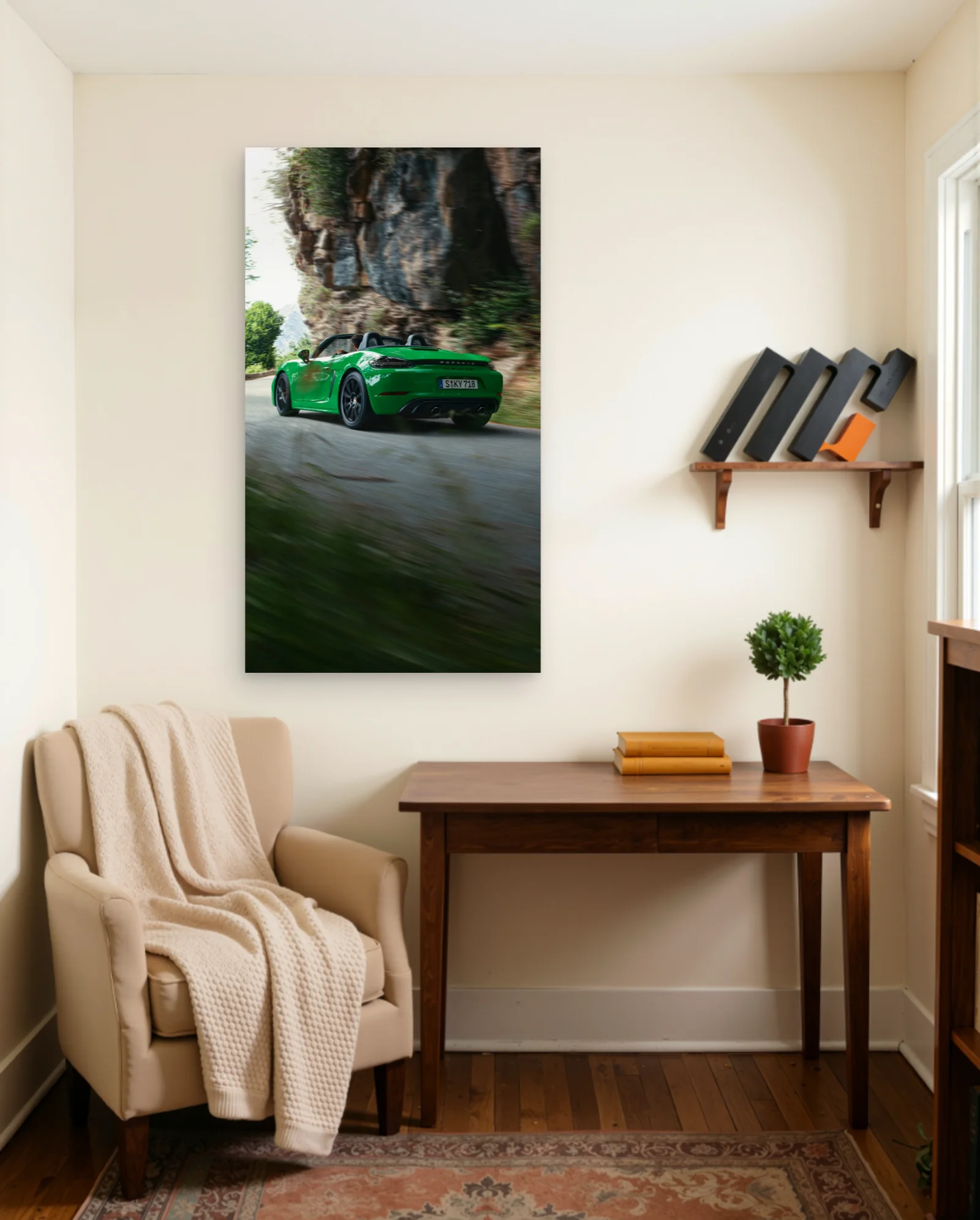Green Porsche 718 Boxster GTS Convertible Poster — framed wall art poster by Memocult
