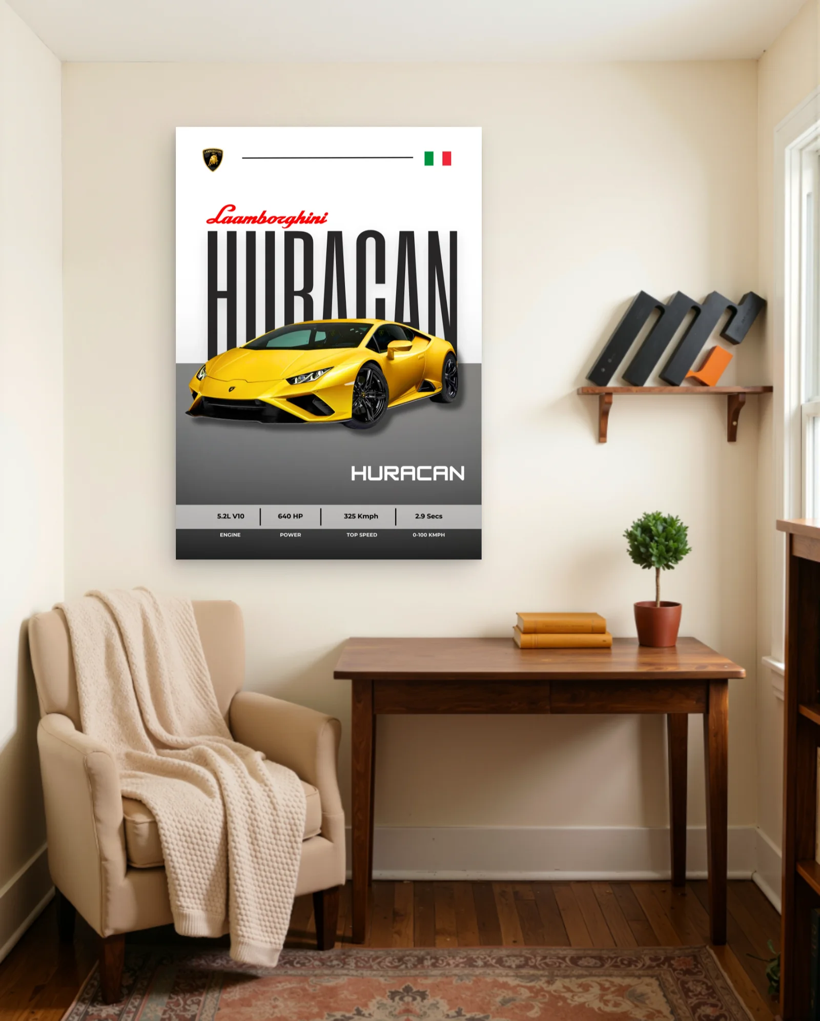 Yellow Lamborghini Huracan Studio Poster — framed wall art poster by Memocult