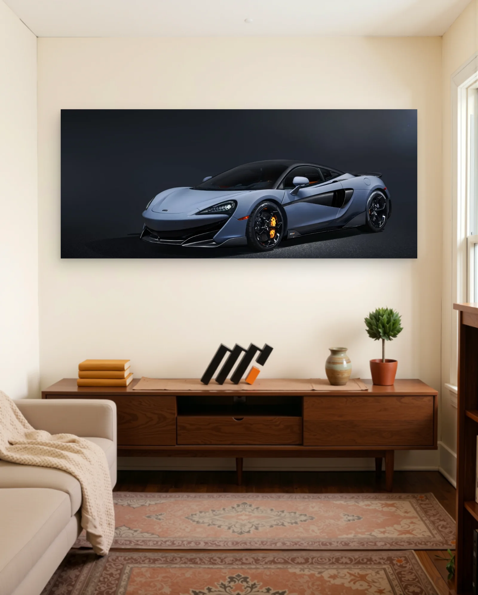 McLaren 570S Light Grey Orange Calipers Poster — framed wall art poster by Memocult