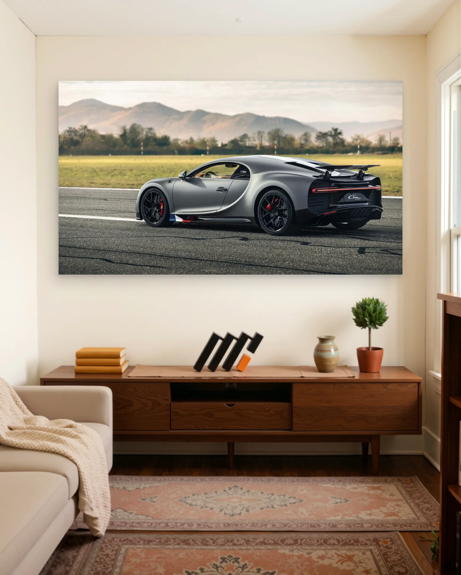 Bugatti Chiron Sport — Matte Grey 3/4 Rear on Runway — framed wall art poster by Memocult