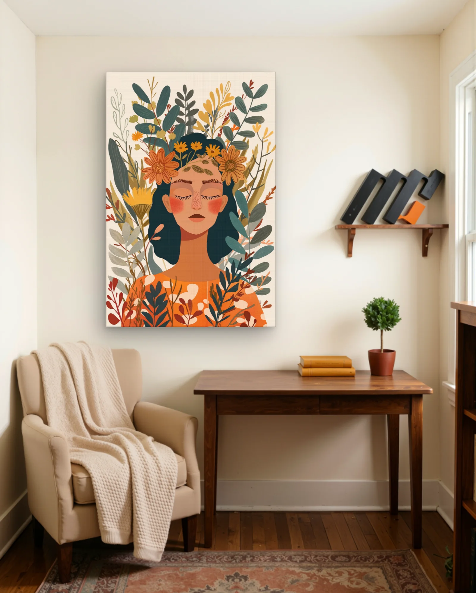 Woman With Orange Daisy Floral Crown Wall Art — Modern Digital Art abstract & modern wall art poster