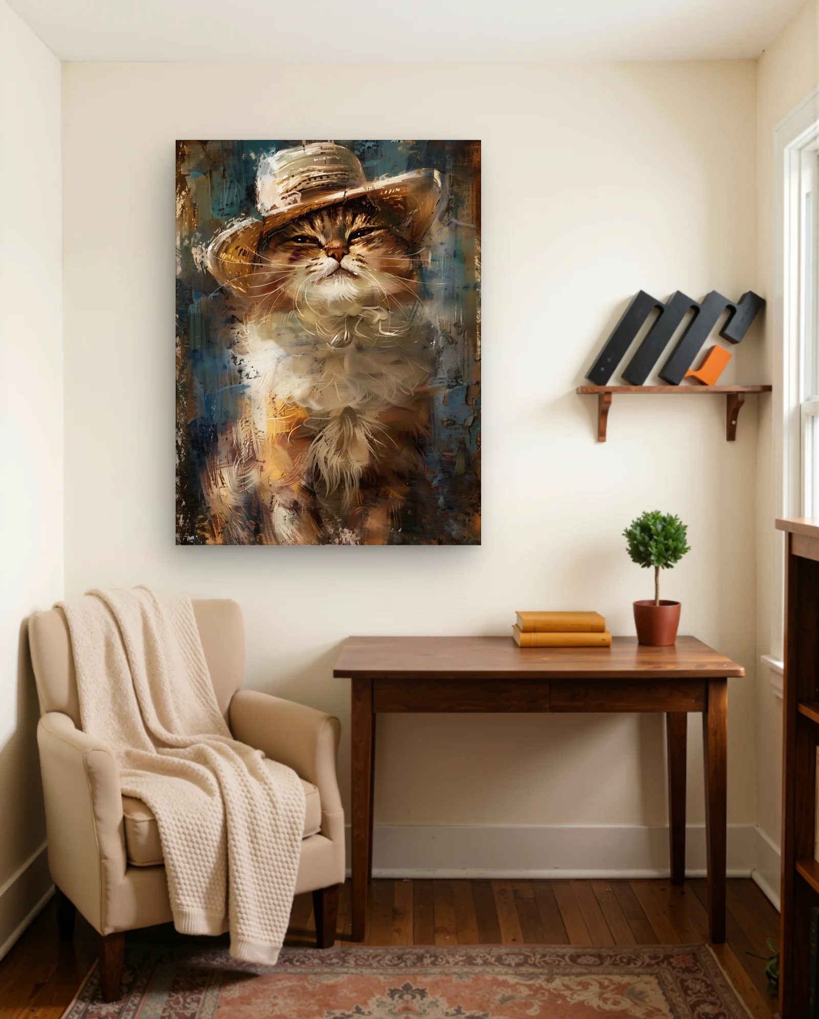 Smug Tabby In Straw Hat Wall Art — framed wall art poster by Memocult