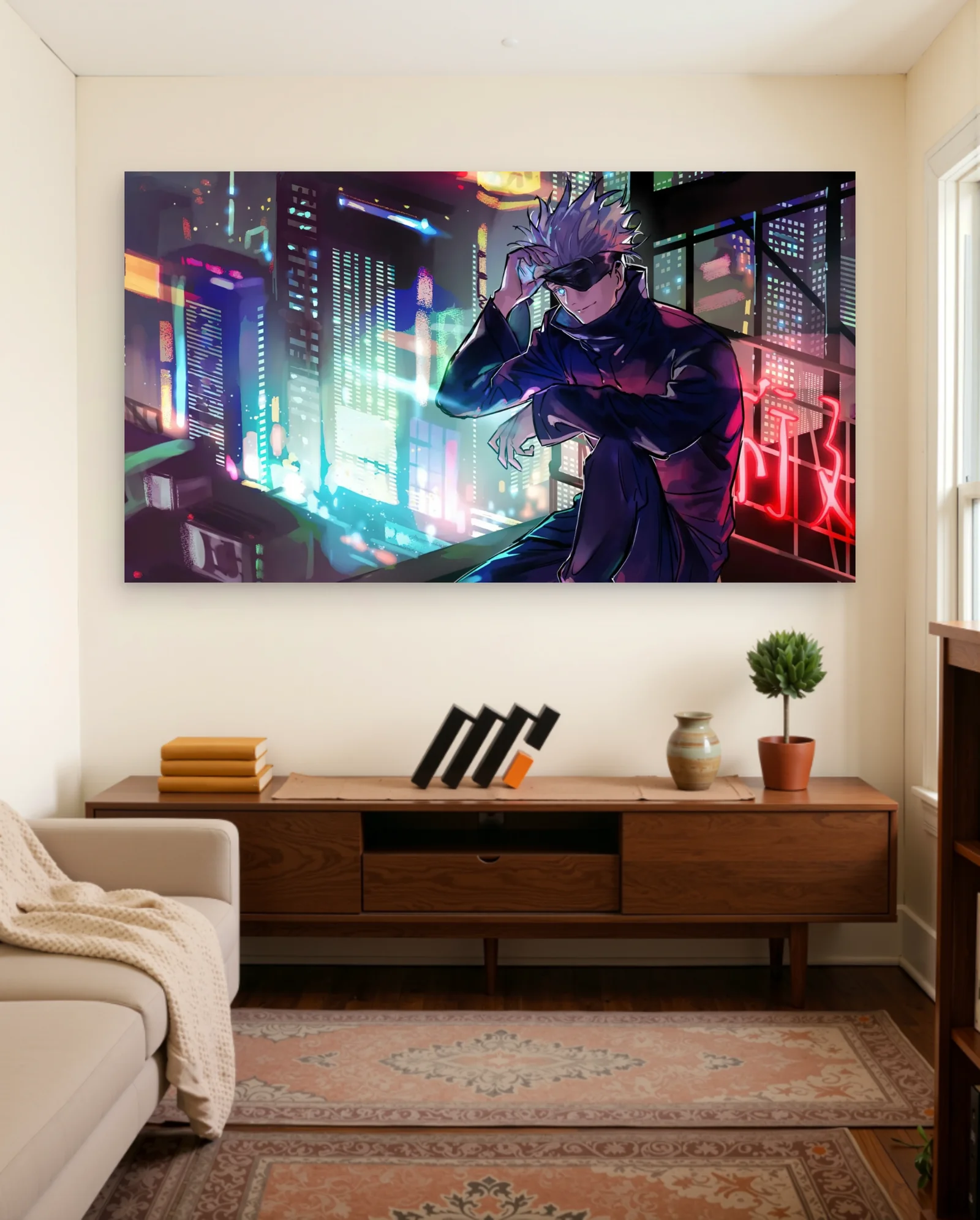 Satoru Gojo Night City Pose Poster — framed wall art poster by Memocult