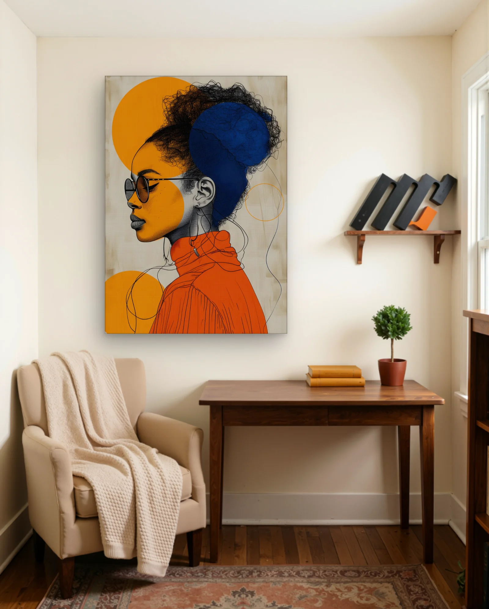 Afro Woman Sunglasses Orange Turtleneck Wall Art — framed wall art poster by Memocult