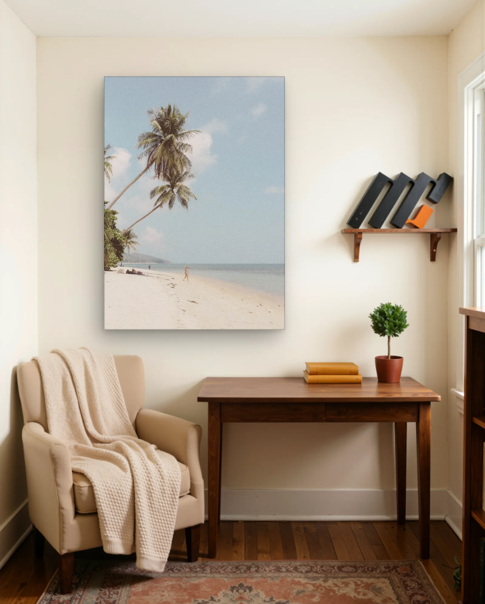 Woman Walking On Beach Palm Trees Wall Art — framed wall art poster by Memocult