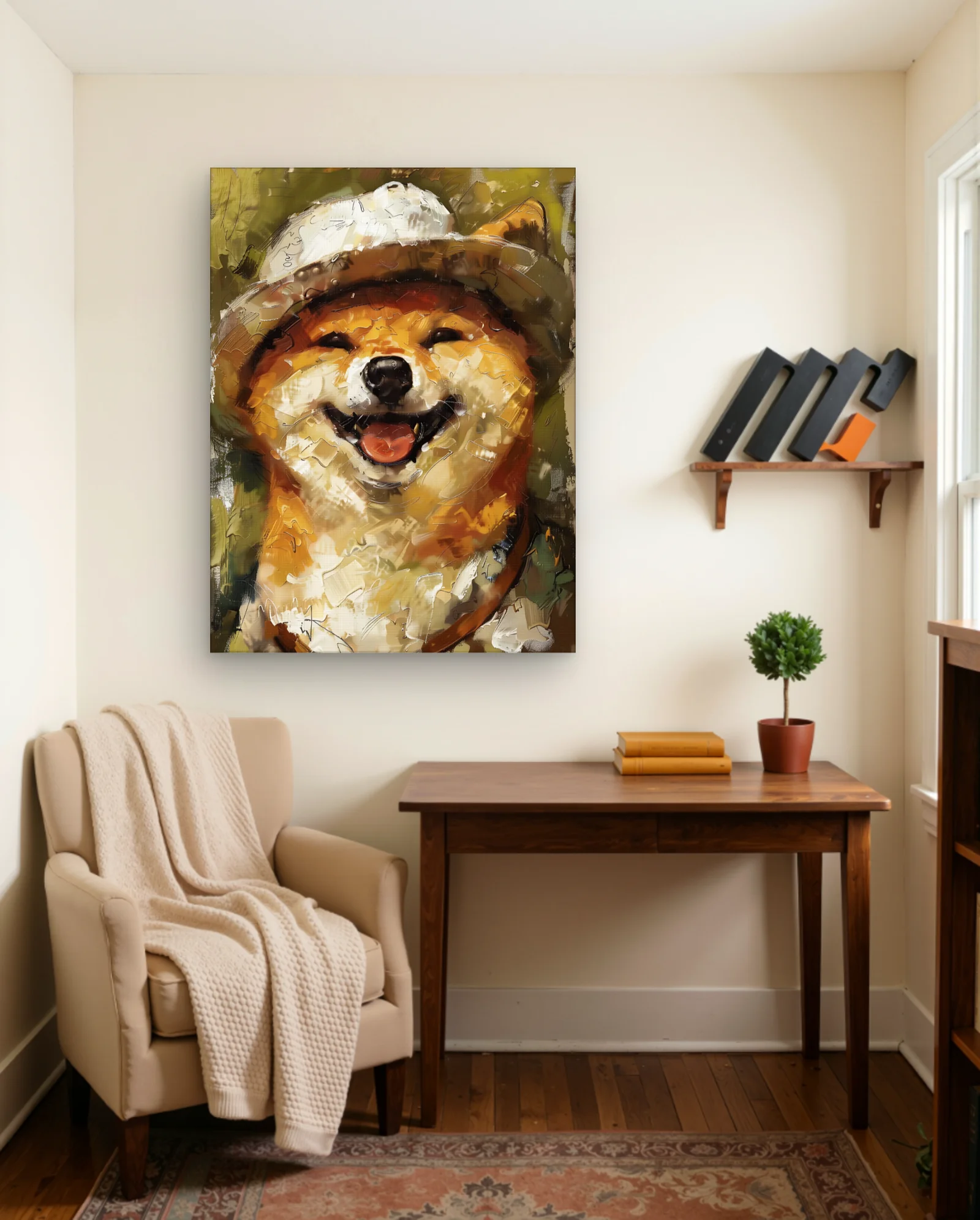 Shiba Inu With Bucket Hat Wall Art — framed wall art poster by Memocult