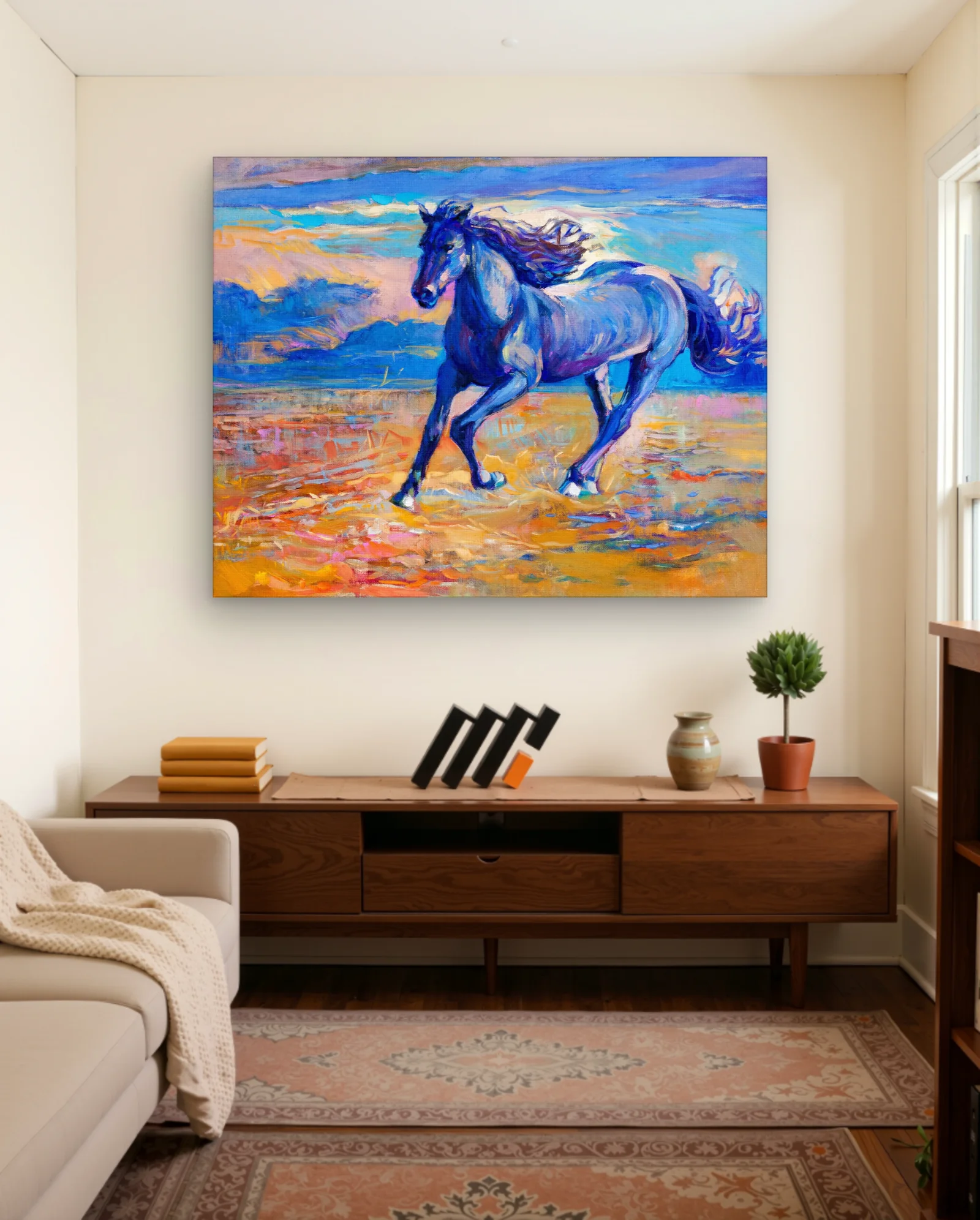 Running Blue Horse Wall Art — framed wall art poster by Memocult